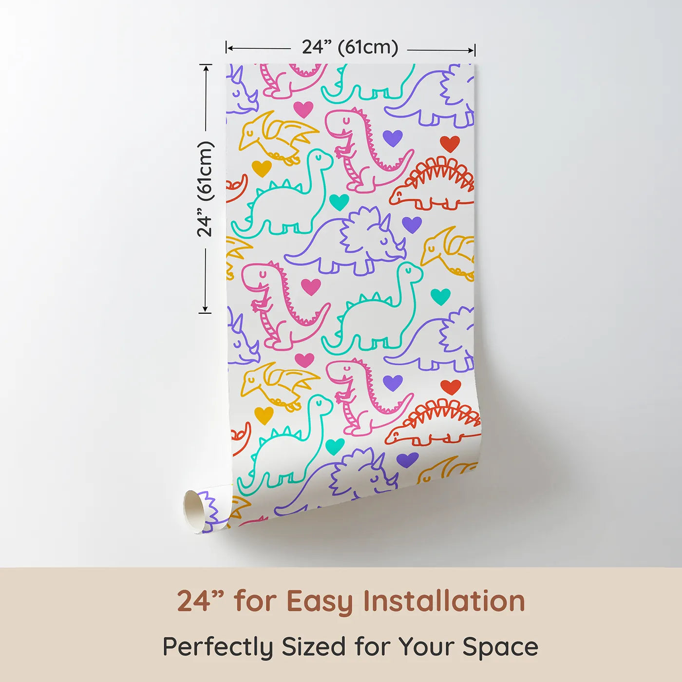 Dimension view of Whimsy Tots Neon Dino Love Wallpaper (W2322). Printed in 24-inch-wide panel for easy installation. Where colorful dinosaurs are filled with love and playful energy.