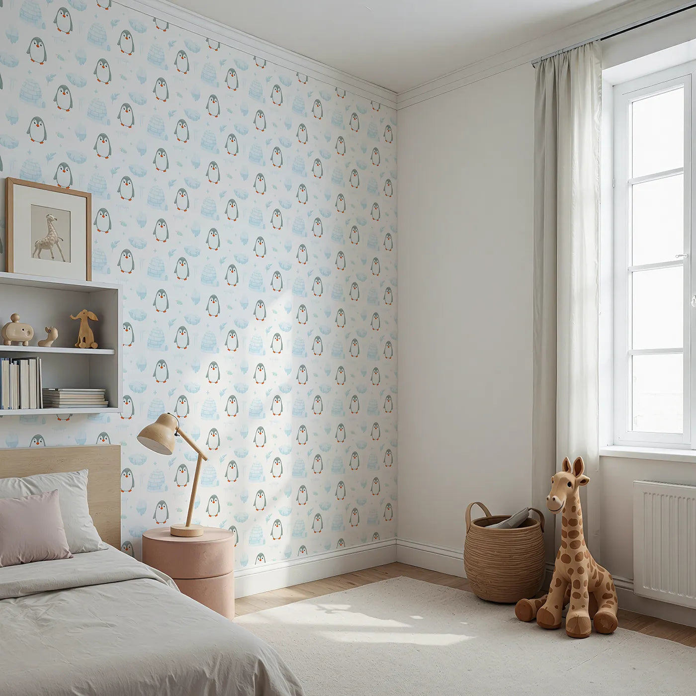 Angled view of Whimsy Tots' Arctic Penguin Playground Wallpaper (W2323).Where a colony of cute penguins is ready to play in the snow.