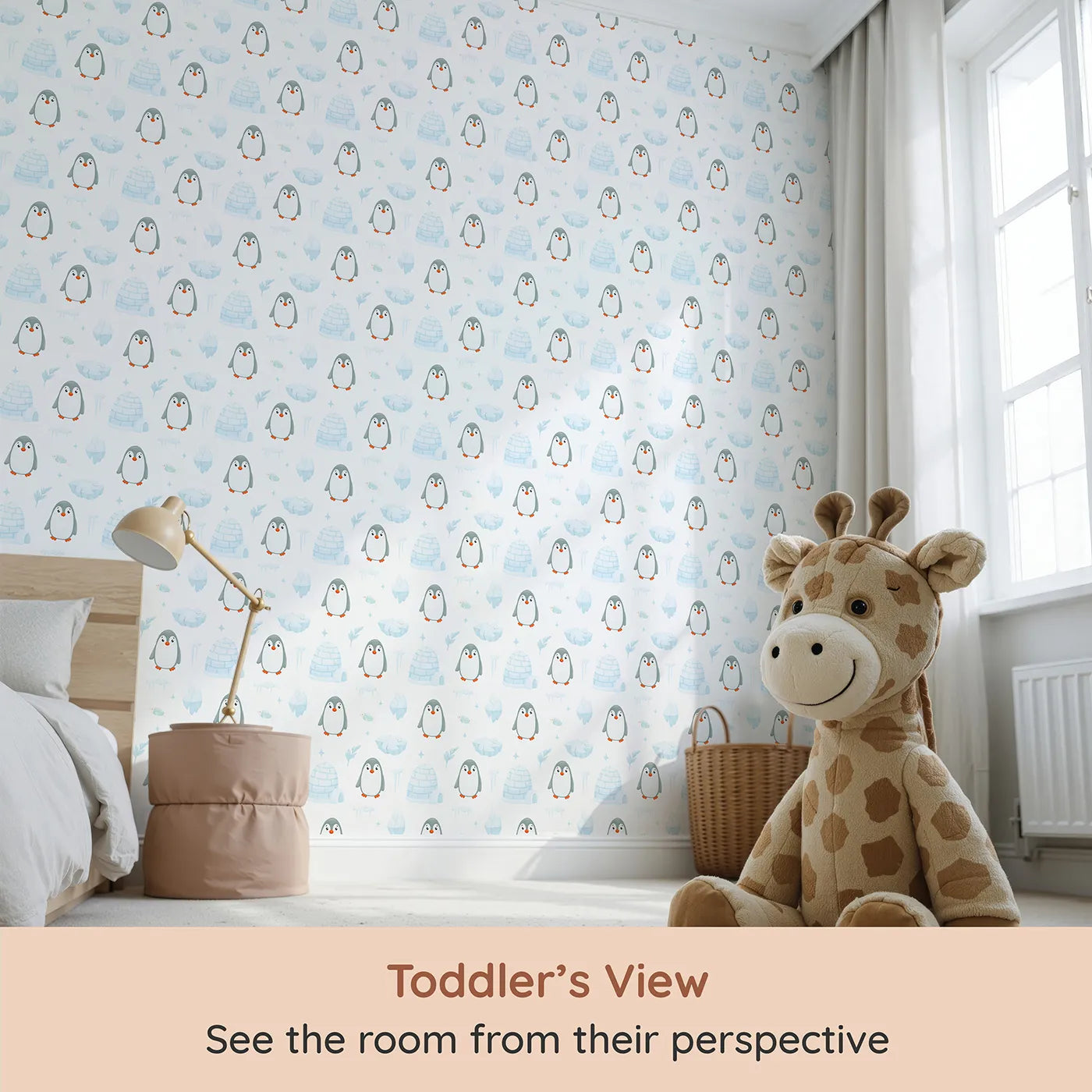 Whimsy Tots Arctic Penguin Playground Wallpaper (W2323) from your child's view.Where a colony of cute penguins is ready to play in the snow.