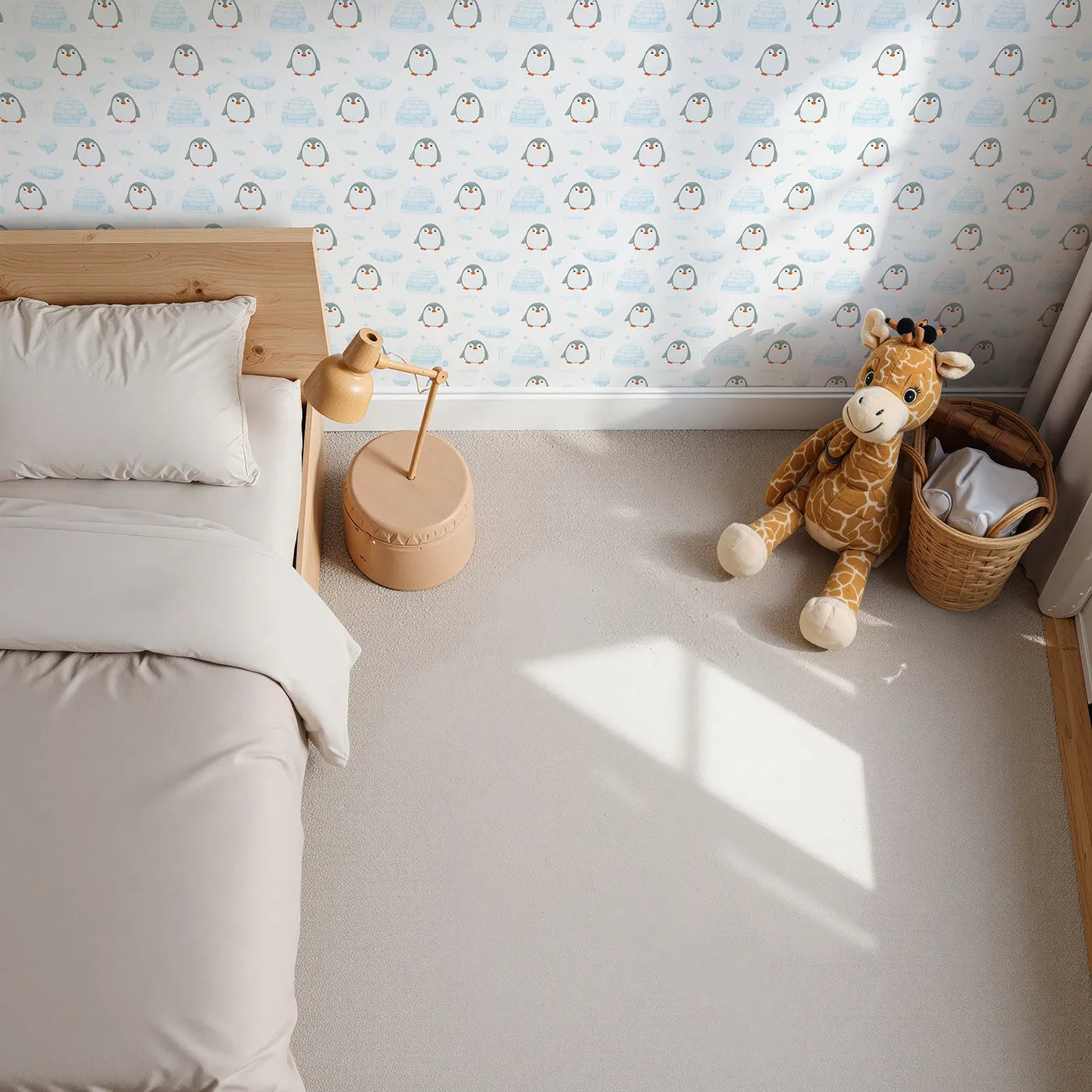 Top-Down view of Whimsy Tots' Arctic Penguin Playground Wallpaper (W2323).Where a colony of cute penguins is ready to play in the snow.