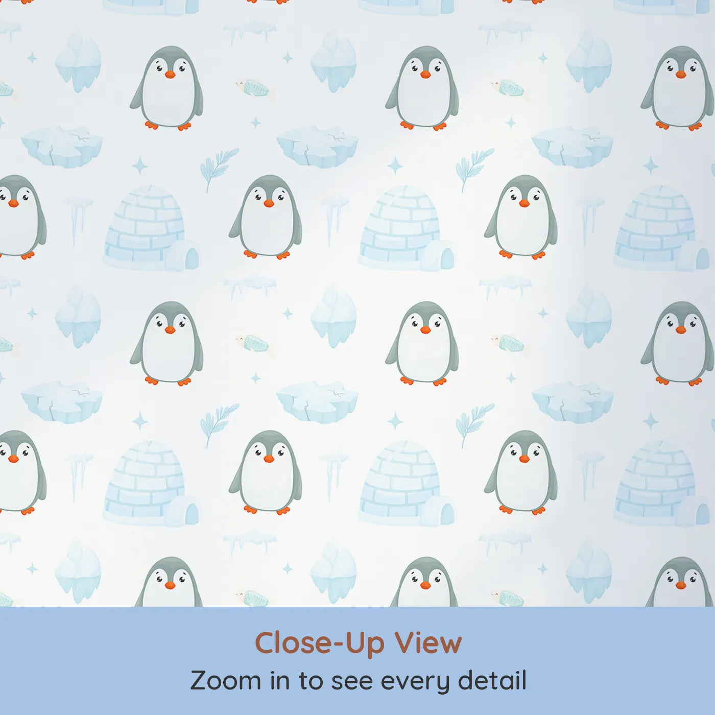 Close-up view of Whimsy Tots' Arctic Penguin Playground Wallpaper (W2323).Where a colony of cute penguins is ready to play in the snow.