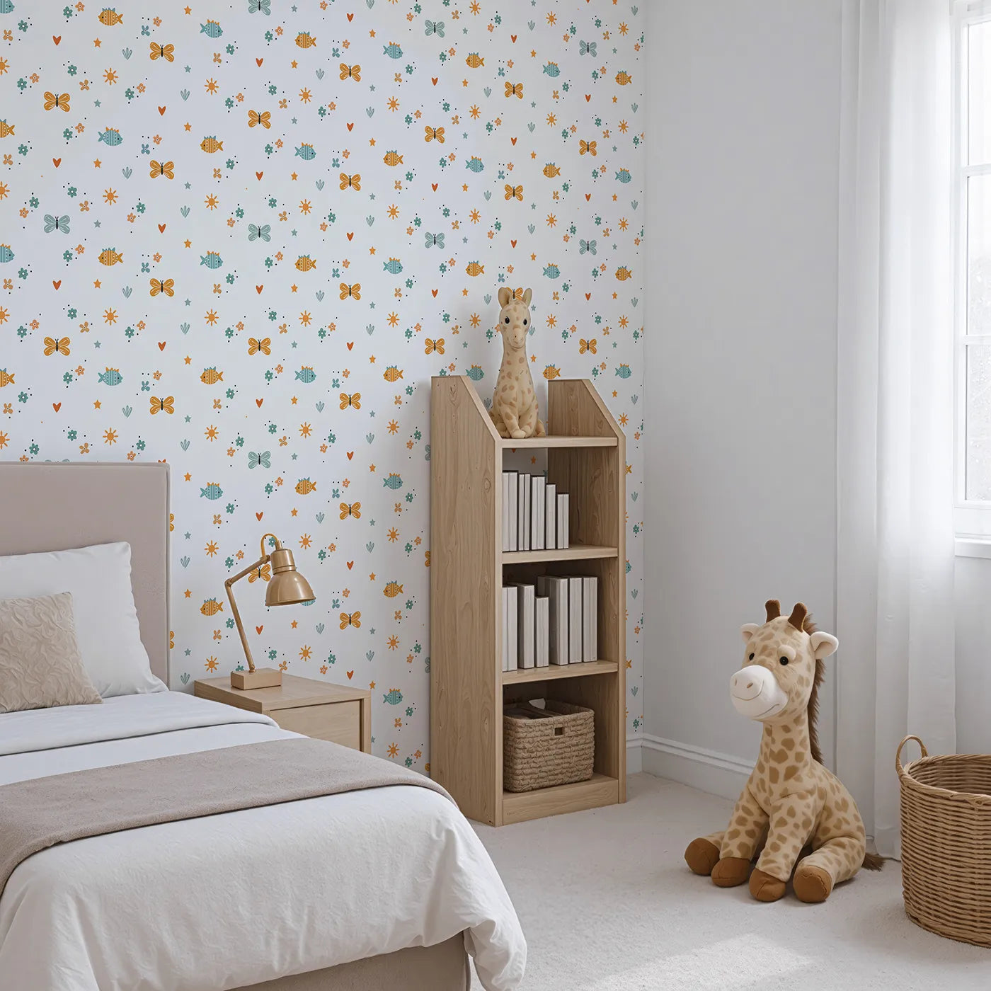 Angled view of Whimsy Tots' Whimsical Meadow Friends Wallpaper (W2324).Where the sweetest little creatures play among the flowers.