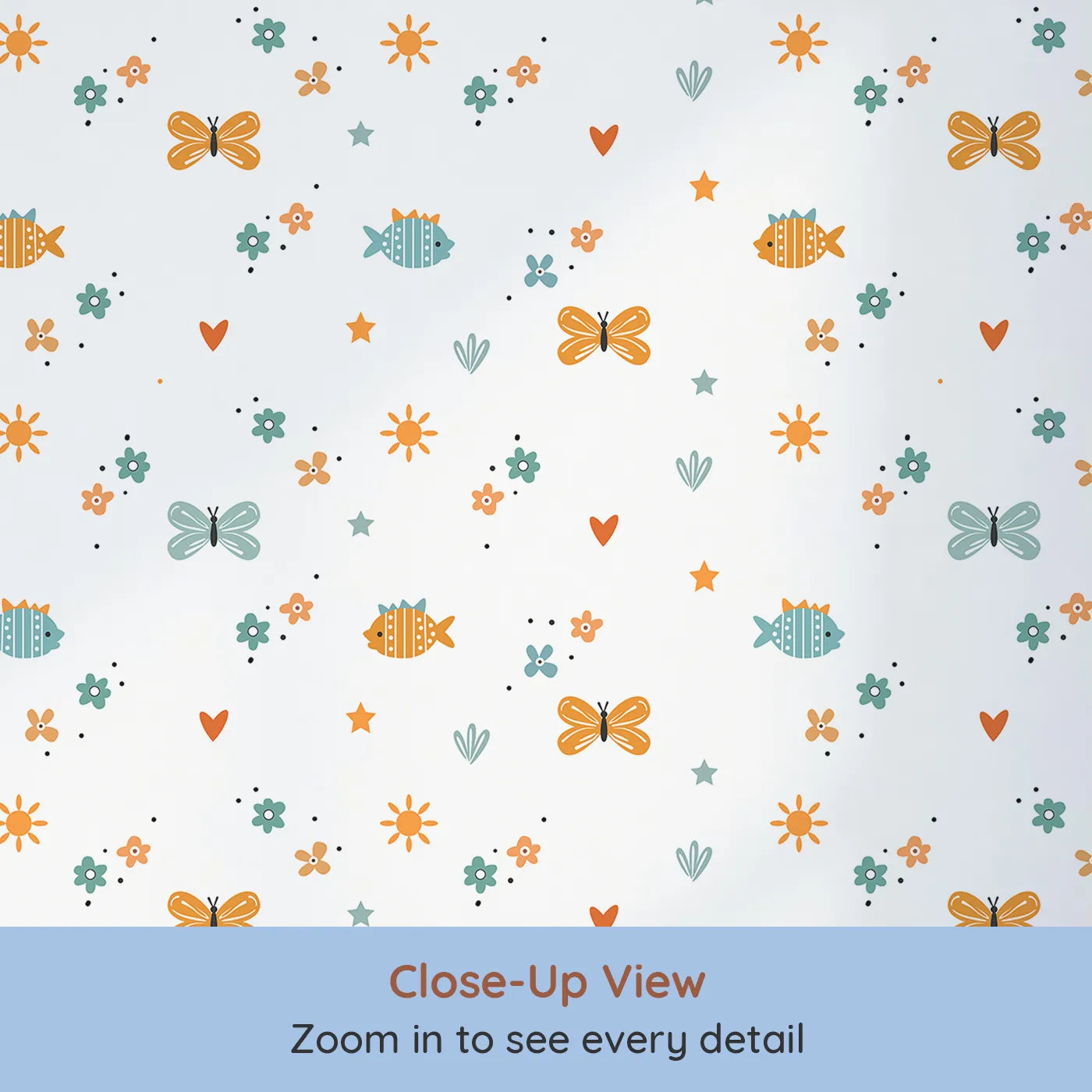 Close-up view of Whimsy Tots' Whimsical Meadow Friends Wallpaper (W2324).Where the sweetest little creatures play among the flowers.