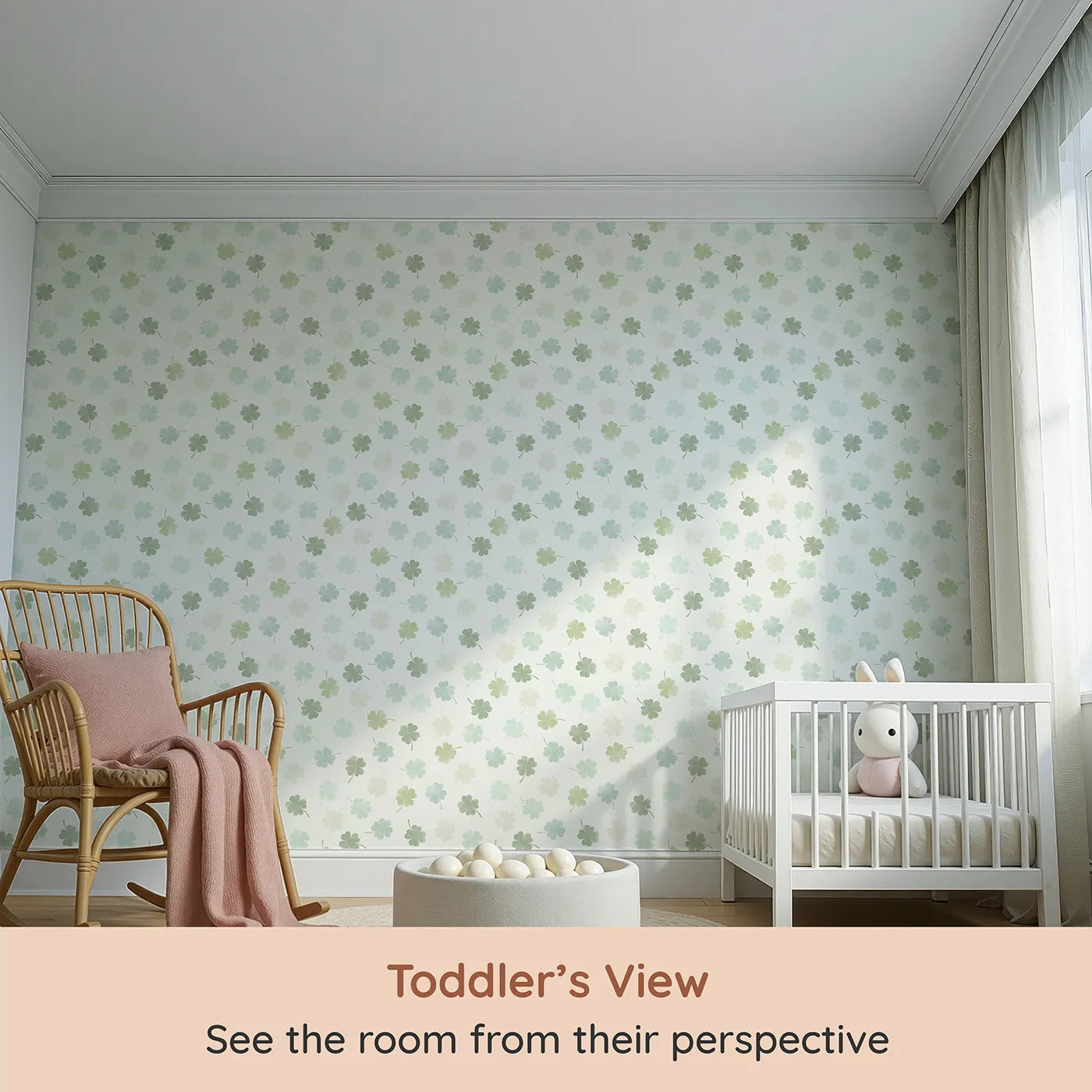 Whimsy Tots Watercolor Shamrock Wallpaper (W2326) from your child's view.Where a soft shower of shamrocks brings a touch of magic.