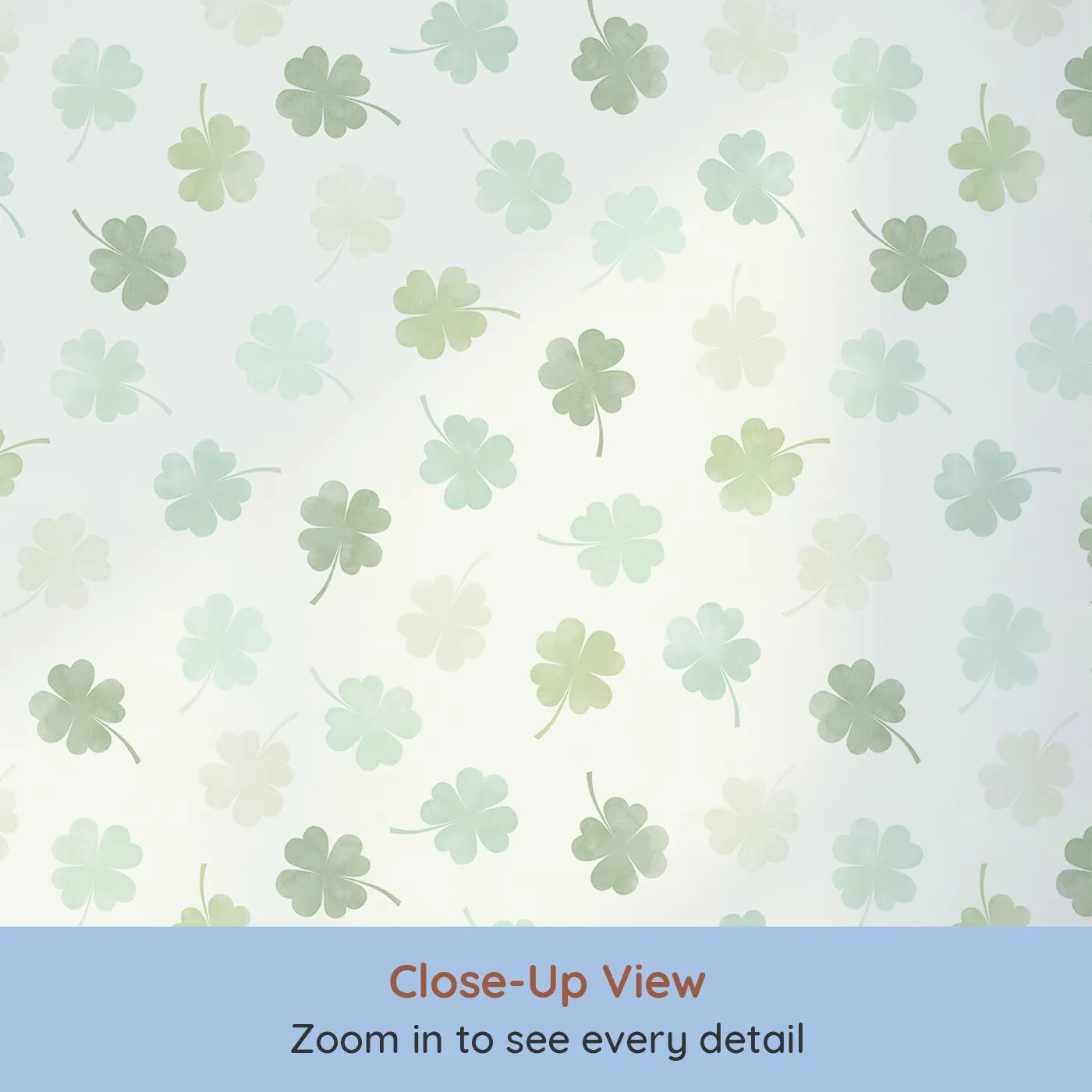 Close-up view of Whimsy Tots' Watercolor Shamrock Wallpaper (W2326).Where a soft shower of shamrocks brings a touch of magic.