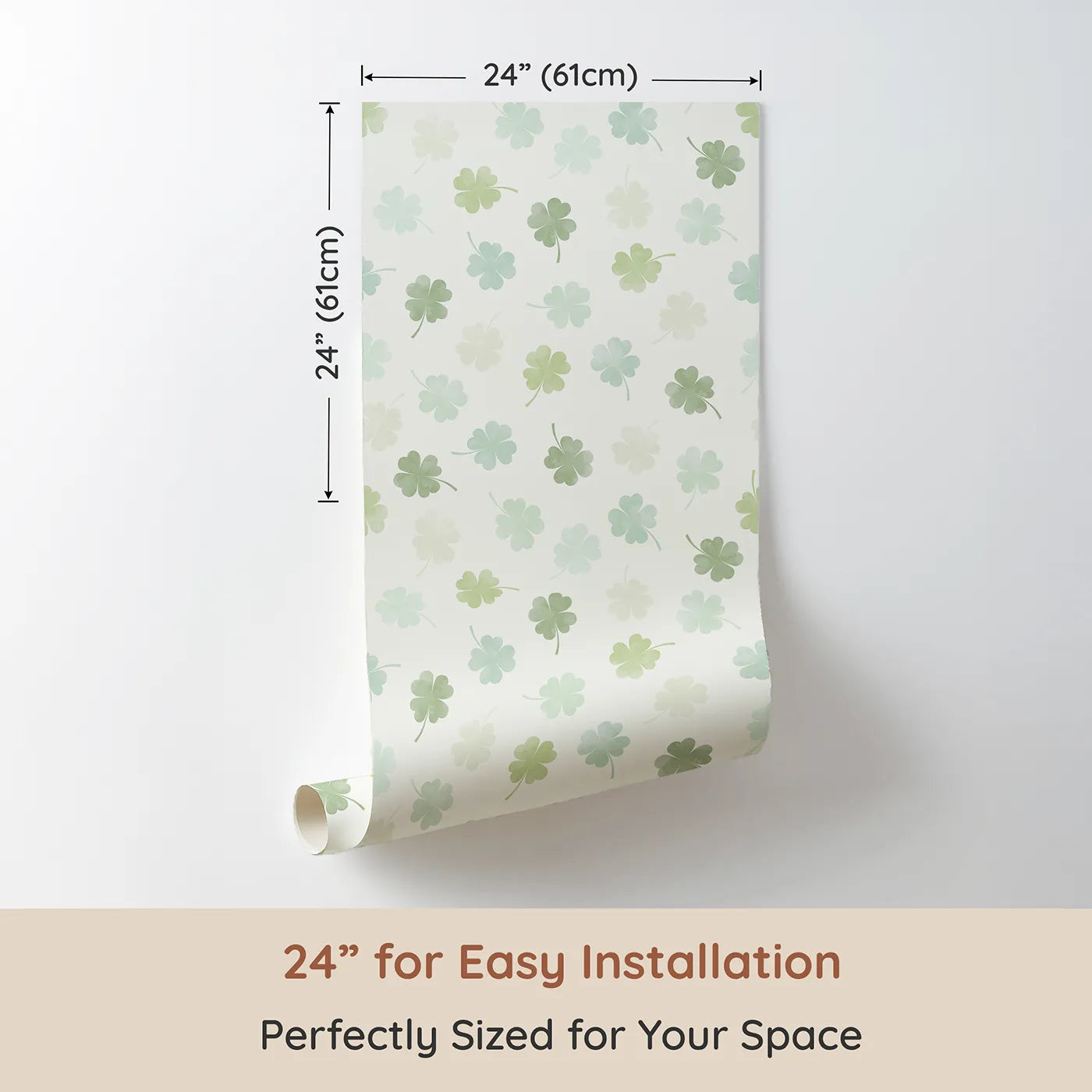Dimension view of Whimsy Tots Watercolor Shamrock Wallpaper (W2326). Printed in 24-inch-wide panel for easy installation. Where a soft shower of shamrocks brings a touch of magic.