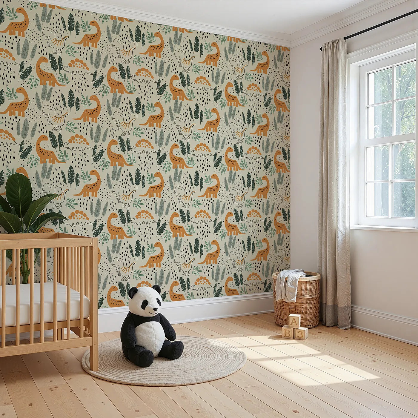 Angled view of Whimsy Tots' Doodle Dino Jungle Wallpaper (W2327).Where hand-drawn dinosaurs roam a jungle of abstract leaves.
