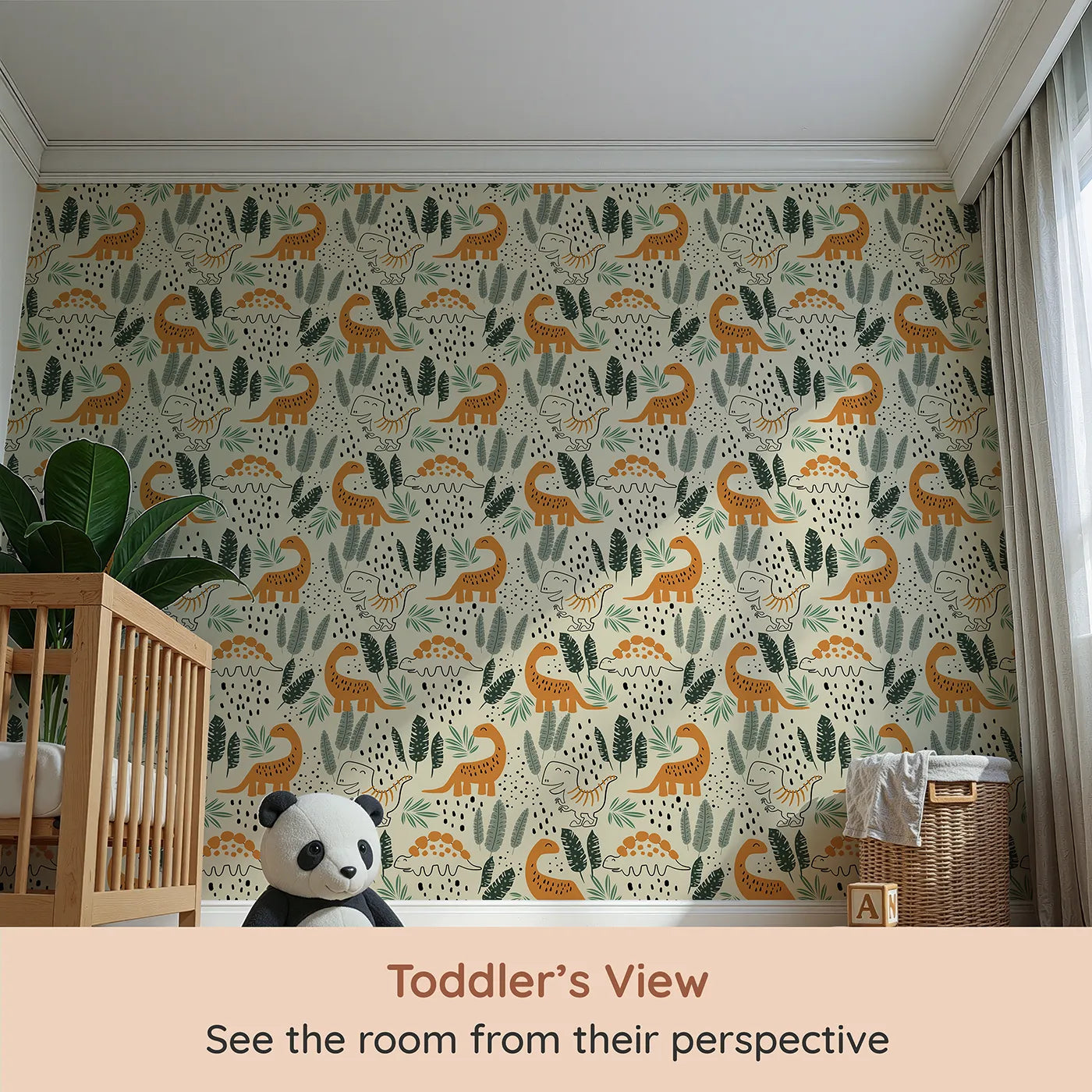 Whimsy Tots Doodle Dino Jungle Wallpaper (W2327) from your child's view.Where hand-drawn dinosaurs roam a jungle of abstract leaves.