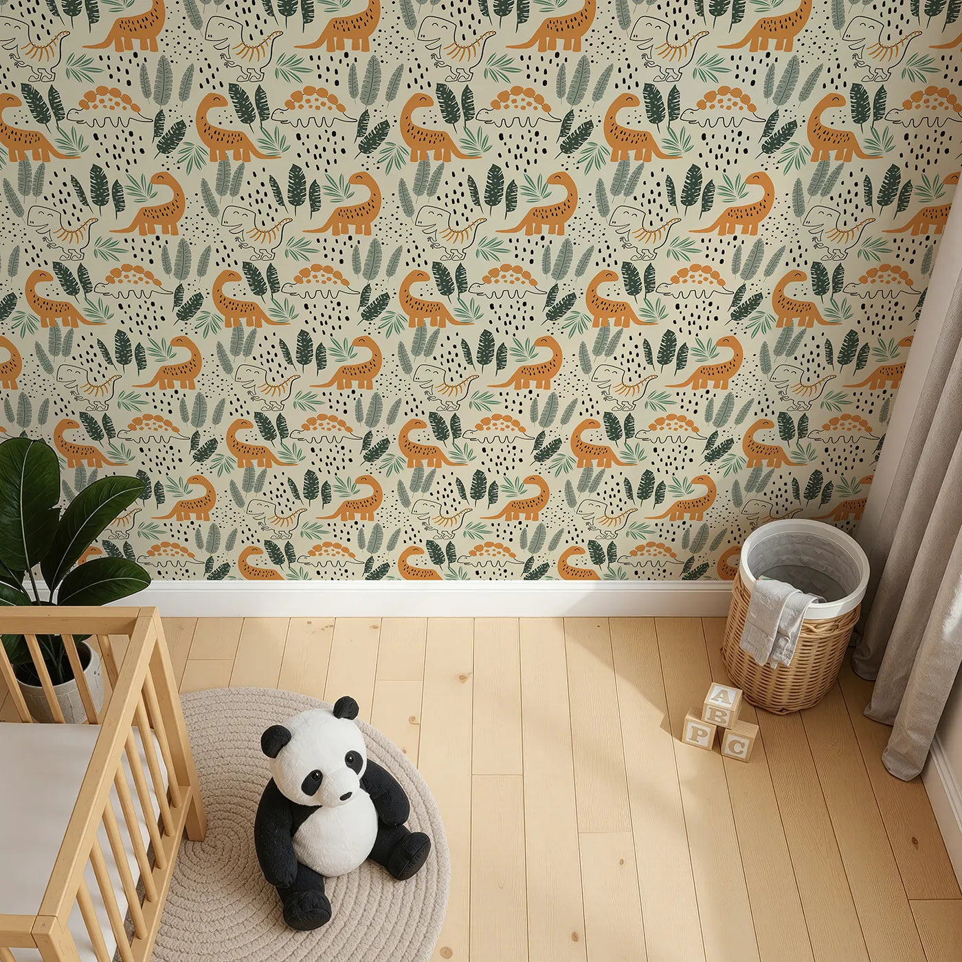 Top-Down view of Whimsy Tots' Doodle Dino Jungle Wallpaper (W2327).Where hand-drawn dinosaurs roam a jungle of abstract leaves.