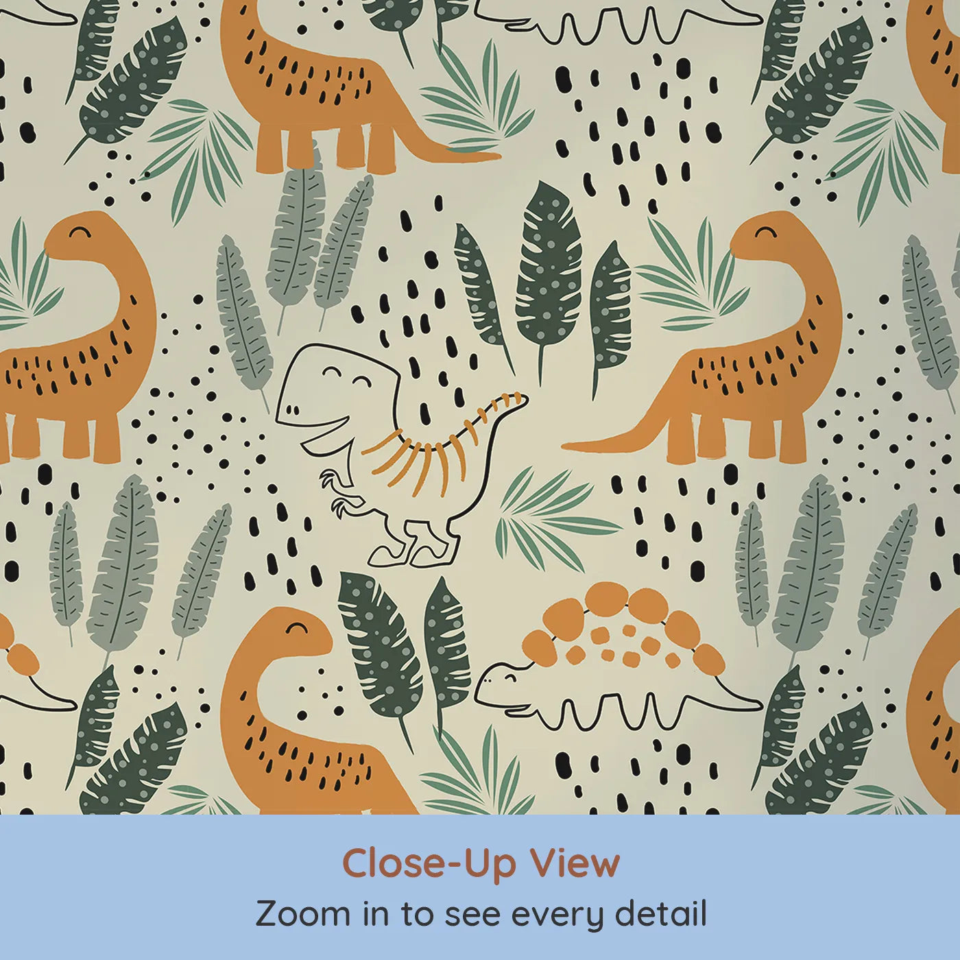 Close-up view of Whimsy Tots' Doodle Dino Jungle Wallpaper (W2327).Where hand-drawn dinosaurs roam a jungle of abstract leaves.