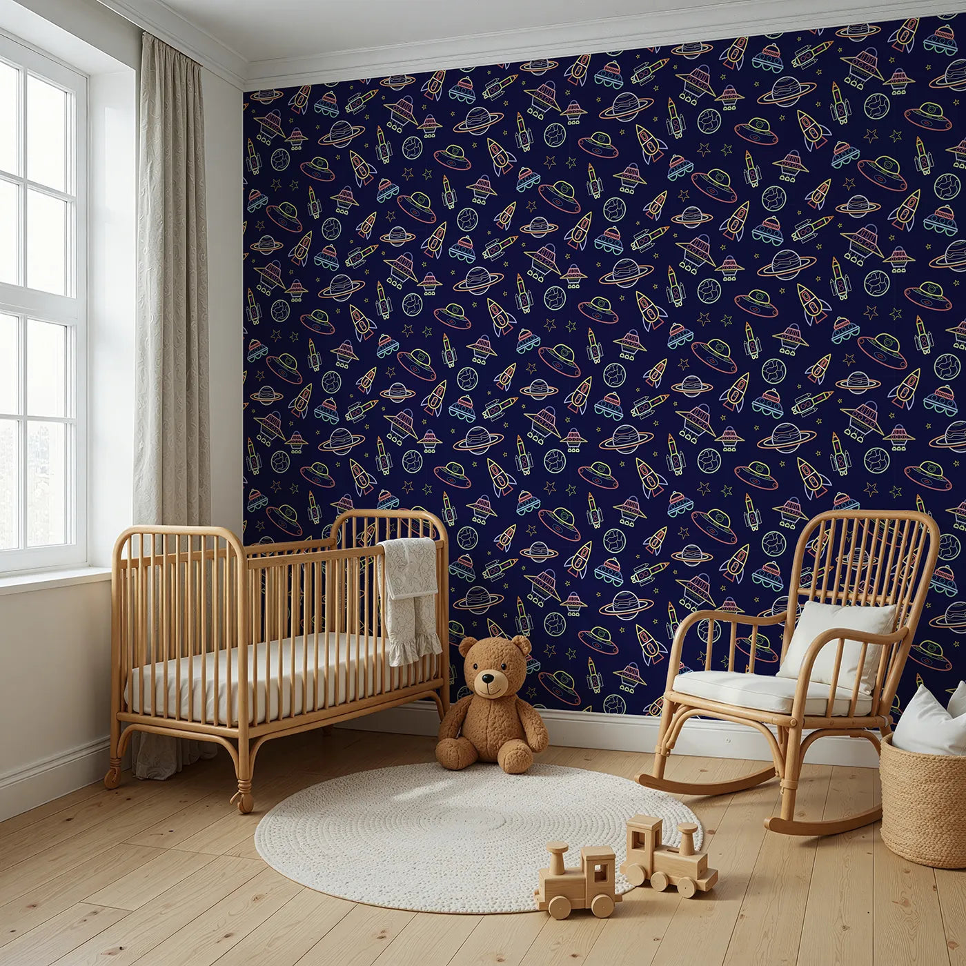 Angled view of Whimsy Tots' Neon Outline Space Wallpaper (W2328).Where a fleet of colorful spaceships is ready for an intergalactic mission.