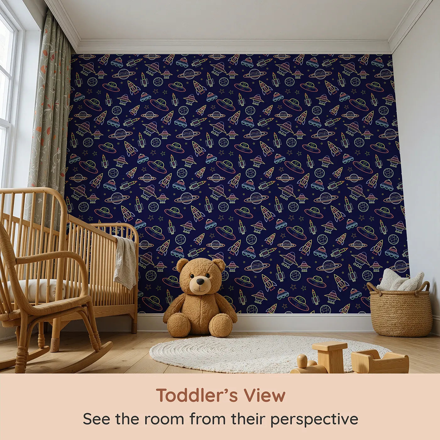 Whimsy Tots Neon Outline Space Wallpaper (W2328) from your child's view.Where a fleet of colorful spaceships is ready for an intergalactic mission.