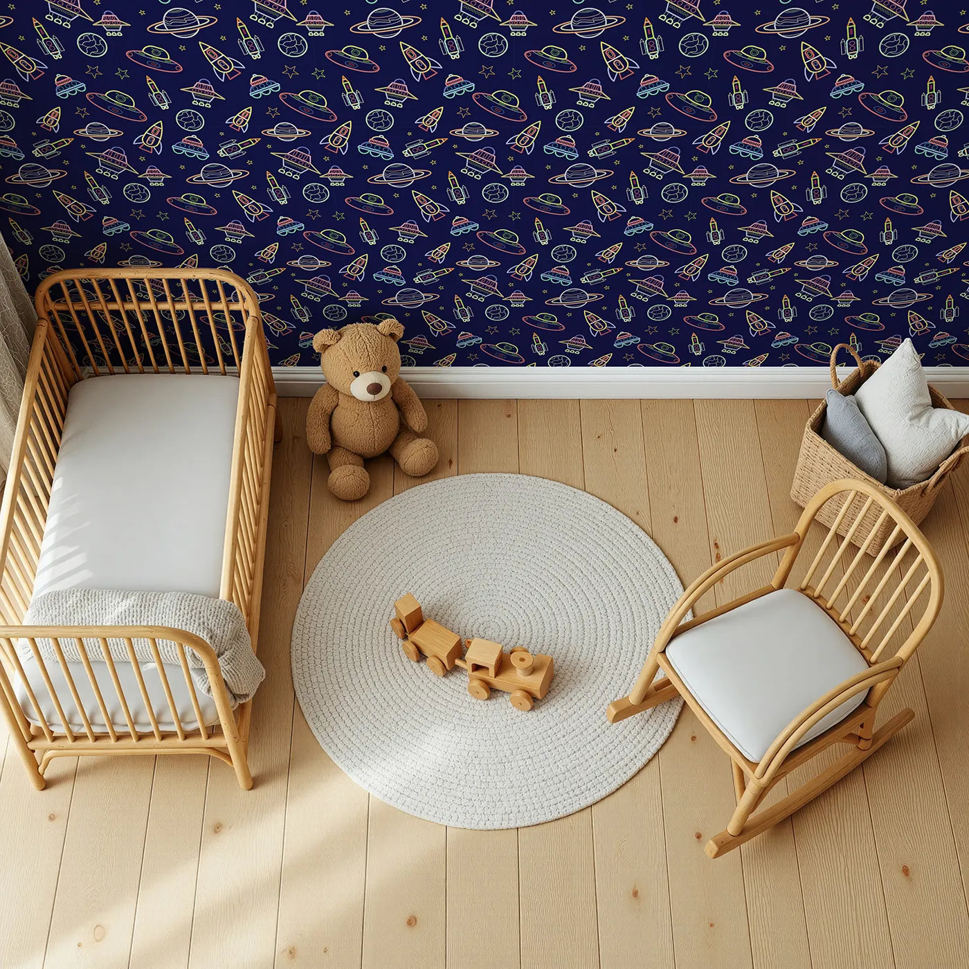 Top-Down view of Whimsy Tots' Neon Outline Space Wallpaper (W2328).Where a fleet of colorful spaceships is ready for an intergalactic mission.