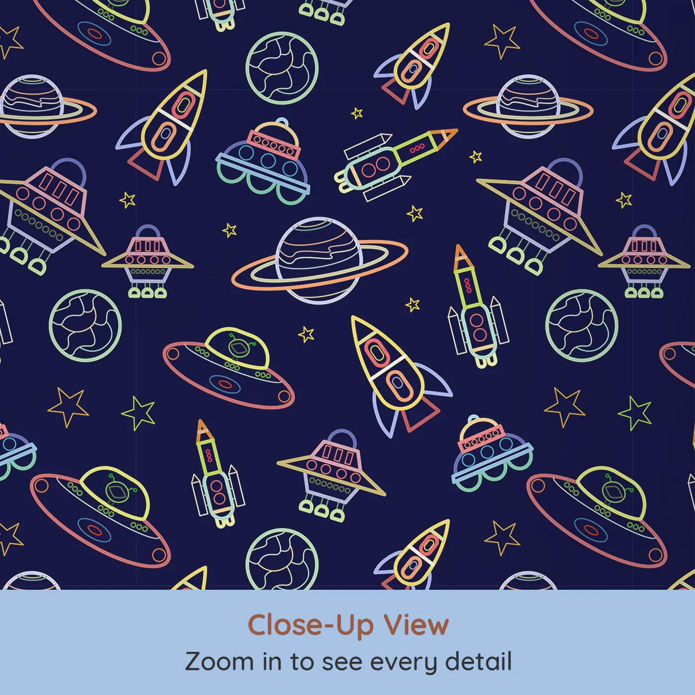 Close-up view of Whimsy Tots' Neon Outline Space Wallpaper (W2328).Where a fleet of colorful spaceships is ready for an intergalactic mission.
