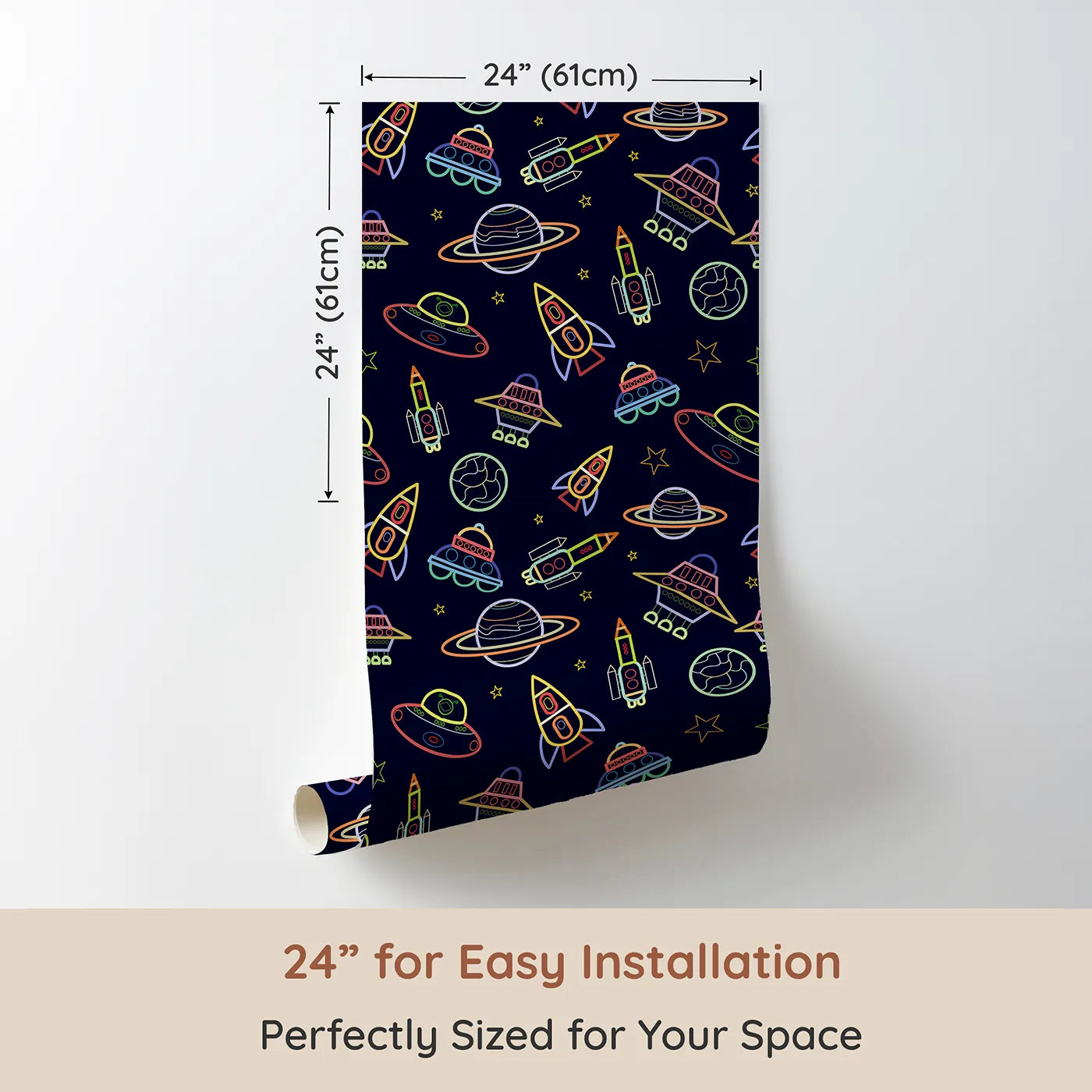 Dimension view of Whimsy Tots Neon Outline Space Wallpaper (W2328). Printed in 24-inch-wide panel for easy installation. Where a fleet of colorful spaceships is ready for an intergalactic mission.