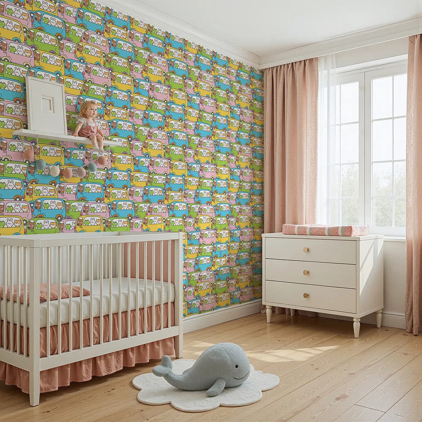 Angled view of Whimsy Tots' Animal Bus Buddies Wallpaper (W2329).Where a whole fleet of colorful buses is filled with the cutest friends.