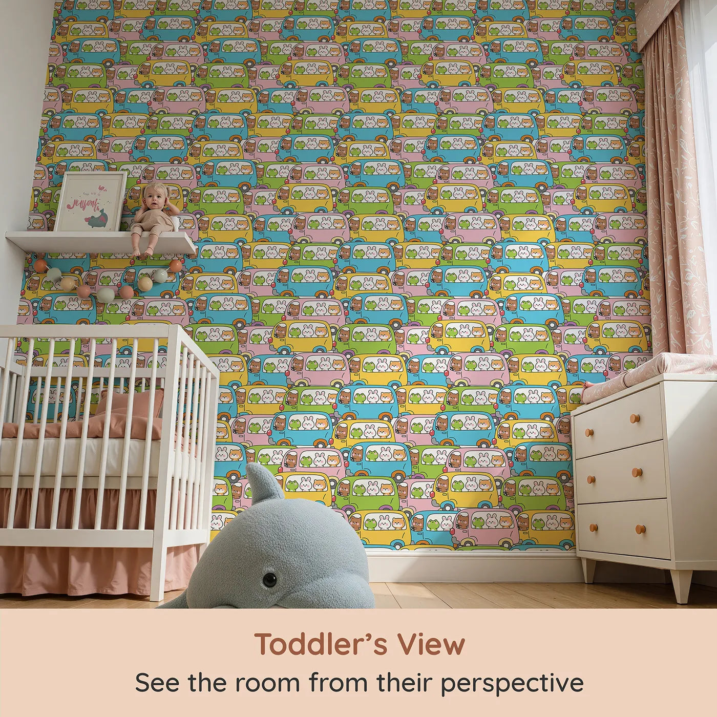 Whimsy Tots Animal Bus Buddies Wallpaper (W2329) from your child's view.Where a whole fleet of colorful buses is filled with the cutest friends.