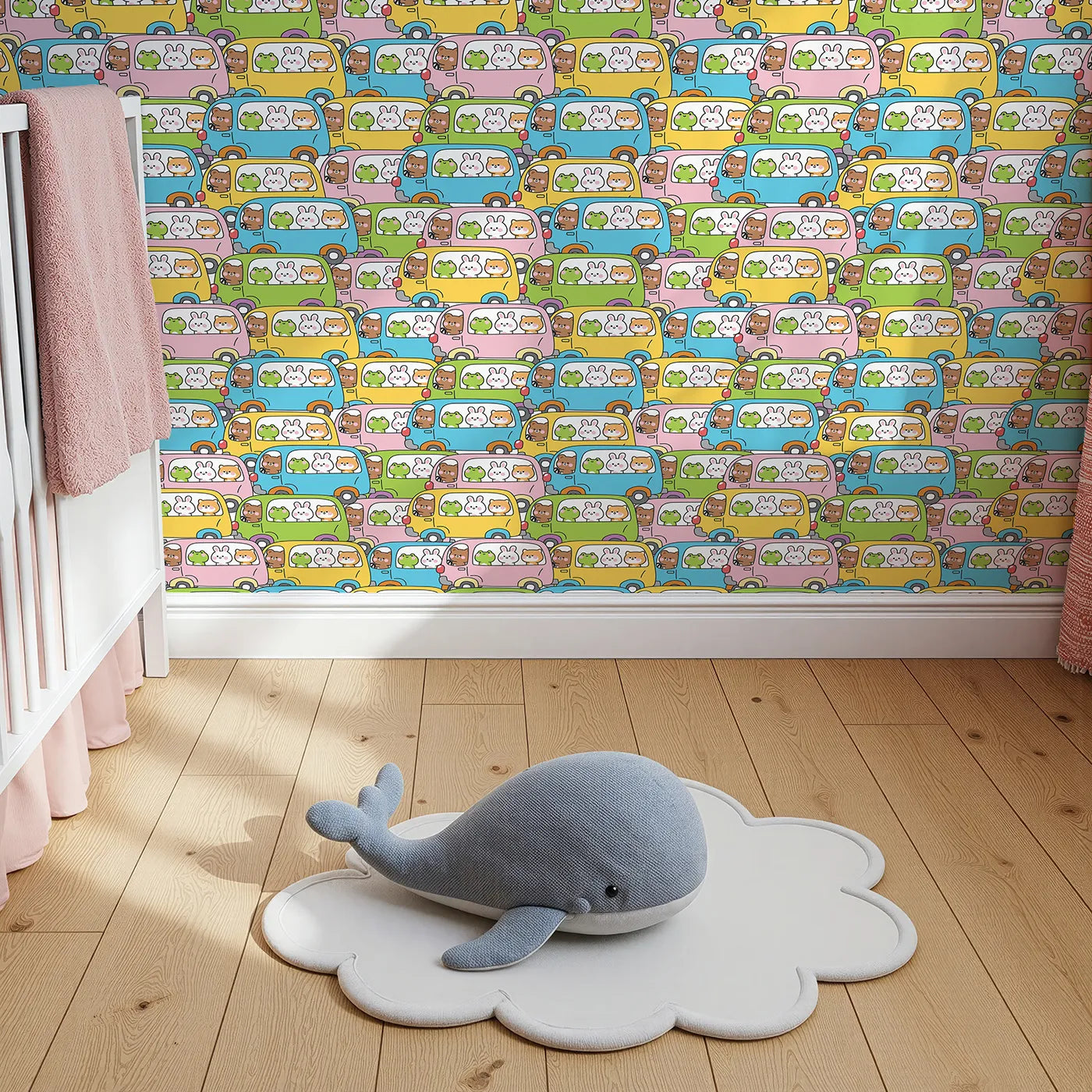 Top-Down view of Whimsy Tots' Animal Bus Buddies Wallpaper (W2329).Where a whole fleet of colorful buses is filled with the cutest friends.