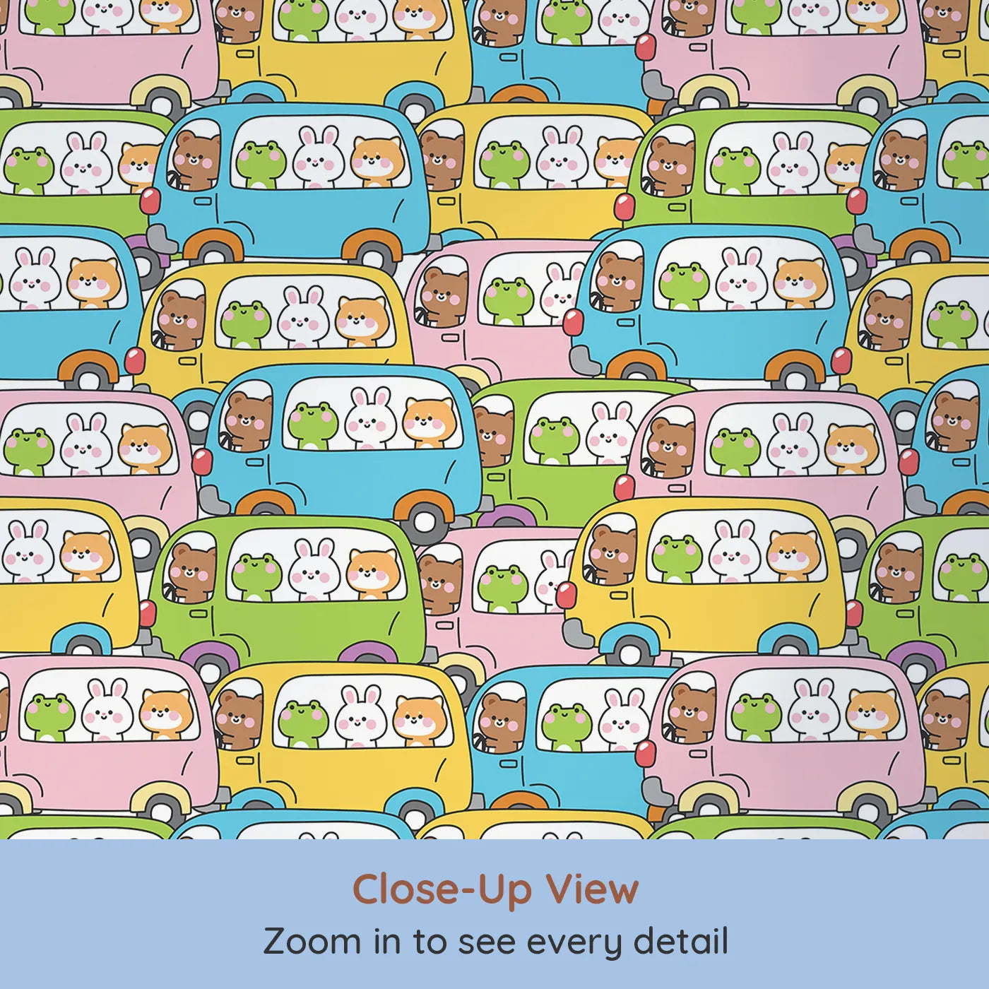 Close-up view of Whimsy Tots' Animal Bus Buddies Wallpaper (W2329).Where a whole fleet of colorful buses is filled with the cutest friends.