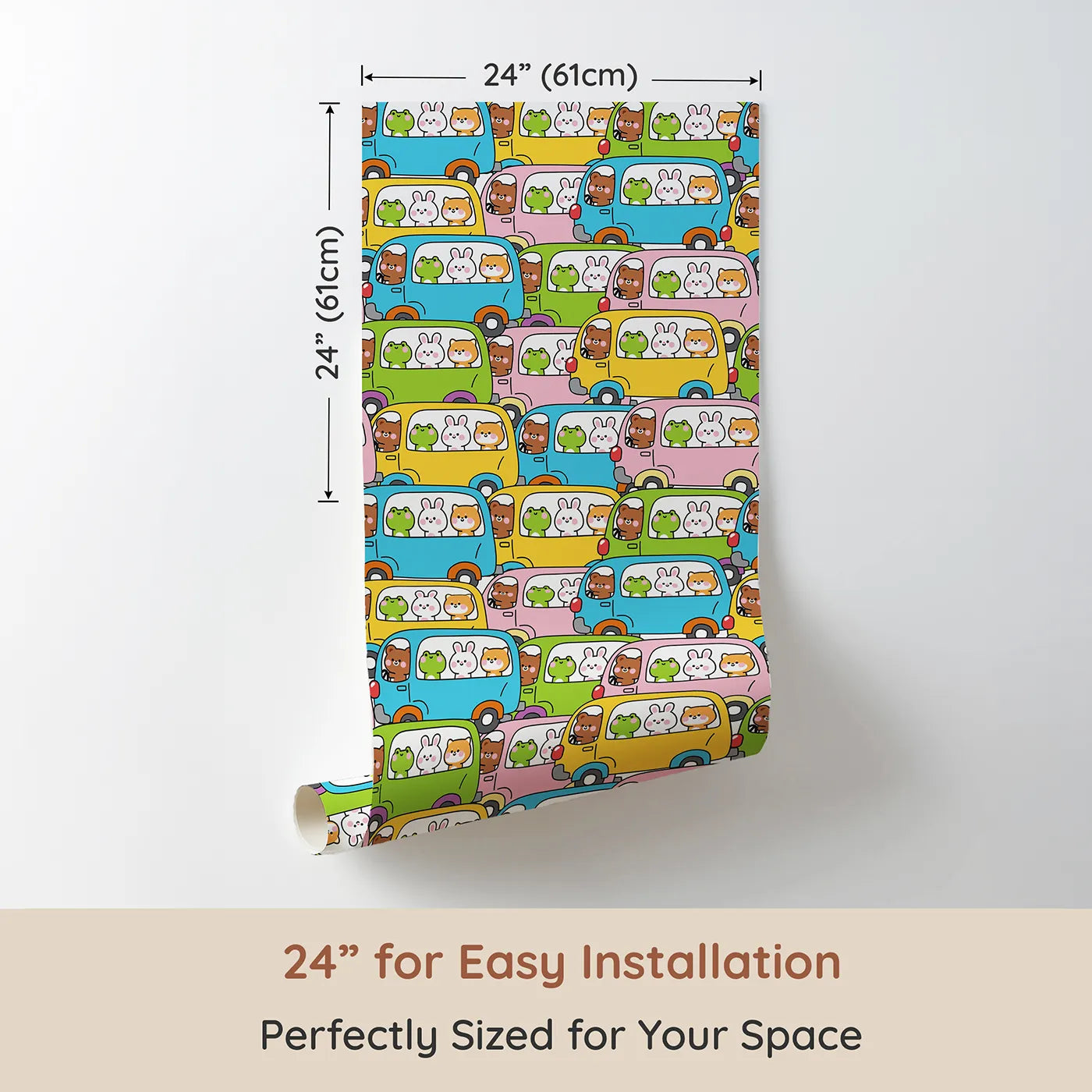 Dimension view of Whimsy Tots Animal Bus Buddies Wallpaper (W2329). Printed in 24-inch-wide panel for easy installation. Where a whole fleet of colorful buses is filled with the cutest friends.