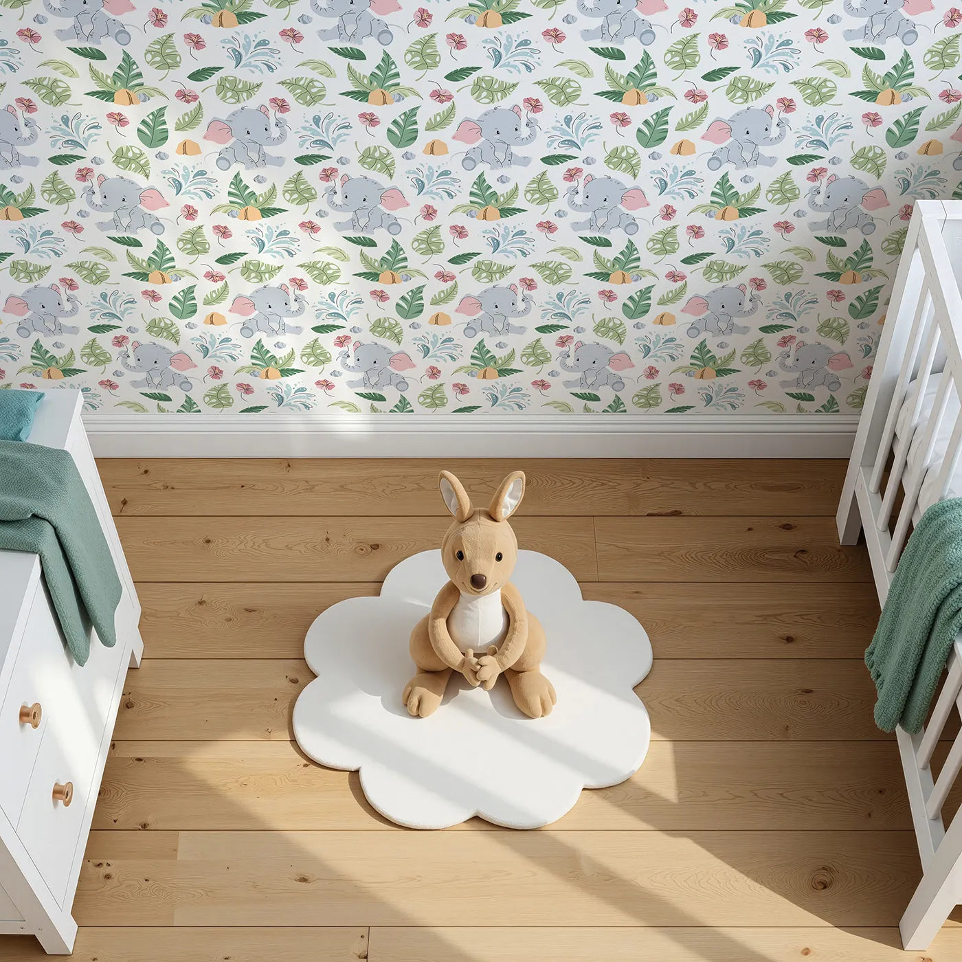 Top-Down view of Whimsy Tots' Baby Elephant Splash Wallpaper (W2330).Where a sweet baby elephant plays among the leaves and flowers.