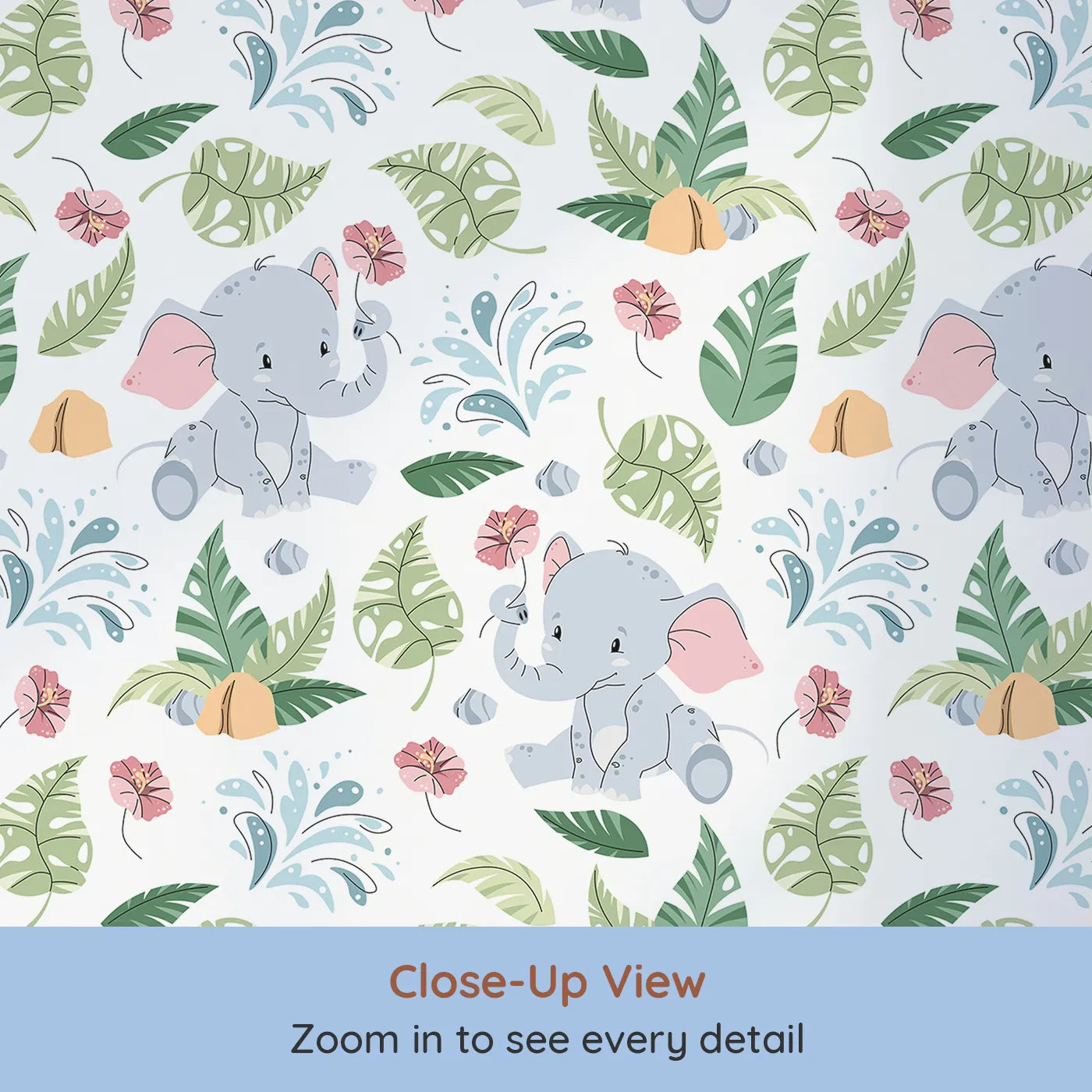 Close-up view of Whimsy Tots' Baby Elephant Splash Wallpaper (W2330).Where a sweet baby elephant plays among the leaves and flowers.