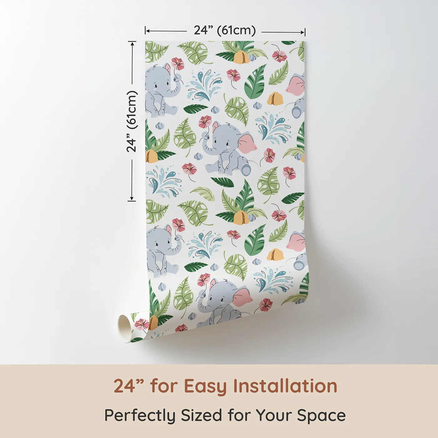 Dimension view of Whimsy Tots Baby Elephant Splash Wallpaper (W2330). Printed in 24-inch-wide panel for easy installation. Where a sweet baby elephant plays among the leaves and flowers.