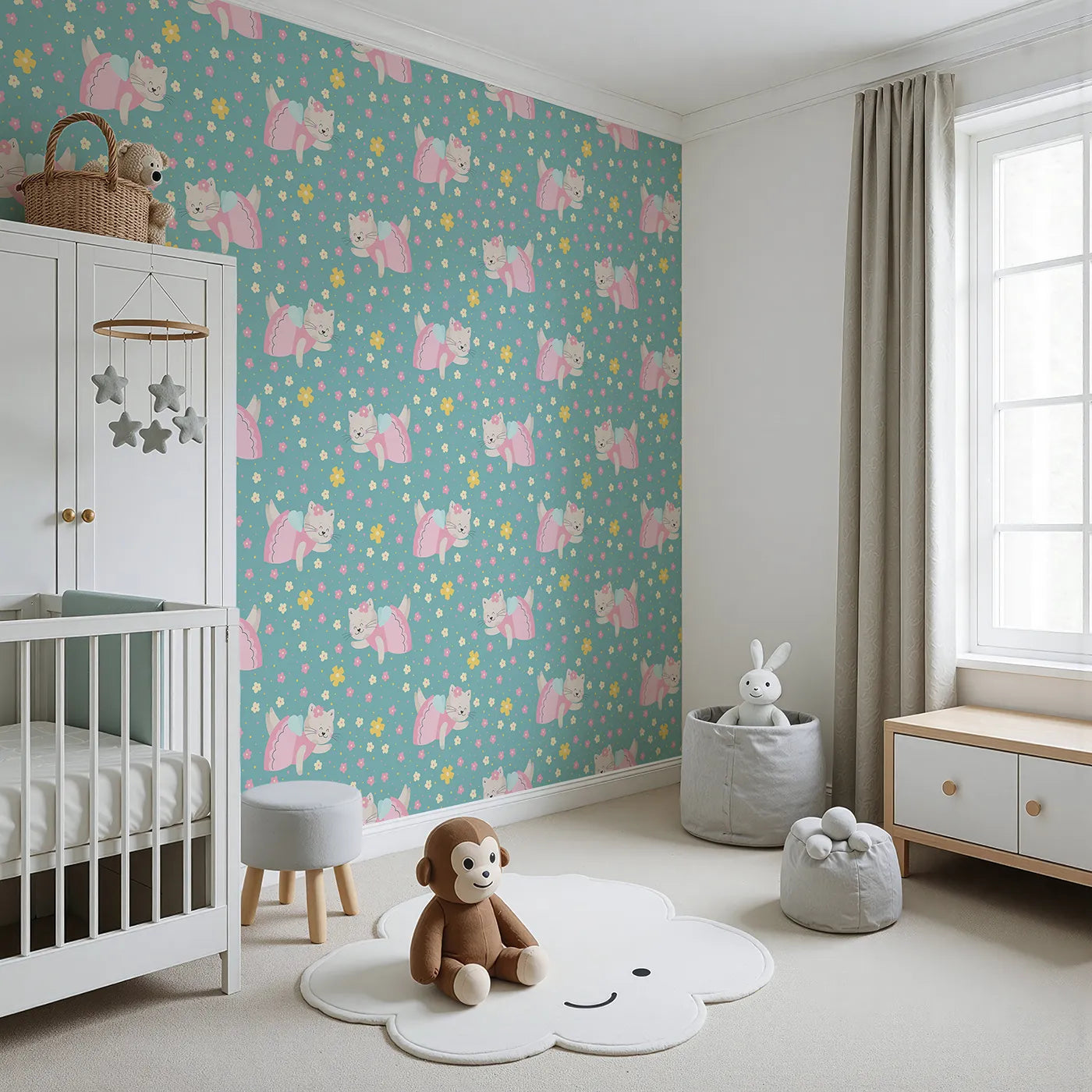 Angled view of Whimsy Tots' Ballerina Cat Garden Wallpaper in Green (W2332).Where a sweet ballerina cat floats through a field of flowers.