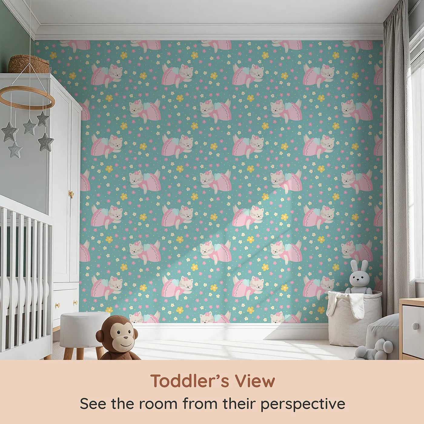Whimsy Tots Ballerina Cat Garden Wallpaper in Green (W2332) from your child's view.Where a sweet ballerina cat floats through a field of flowers.