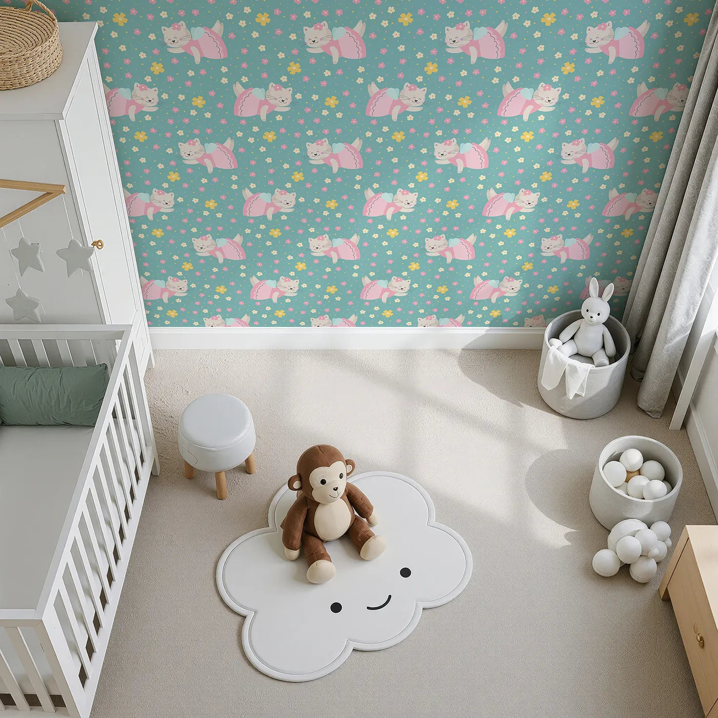 Top-Down view of Whimsy Tots' Ballerina Cat Garden Wallpaper in Green (W2332).Where a sweet ballerina cat floats through a field of flowers.