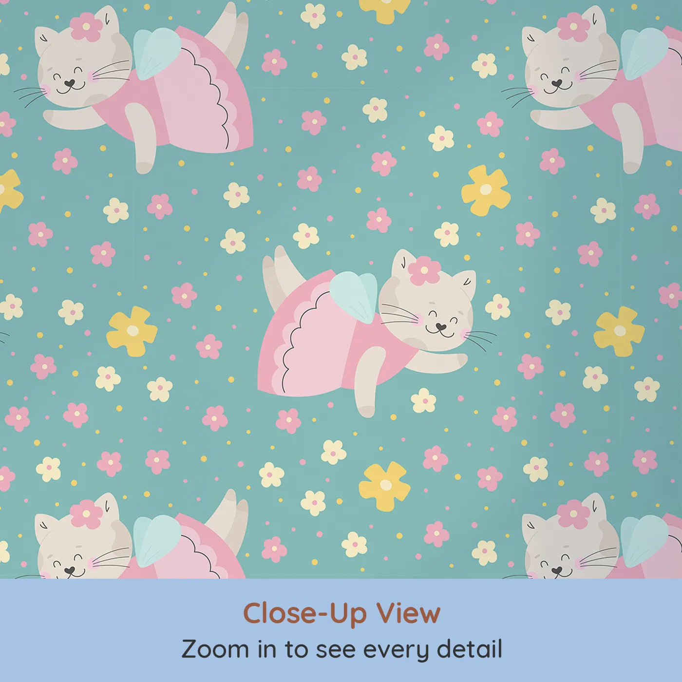 Close-up view of Whimsy Tots' Ballerina Cat Garden Wallpaper in Green (W2332).Where a sweet ballerina cat floats through a field of flowers.