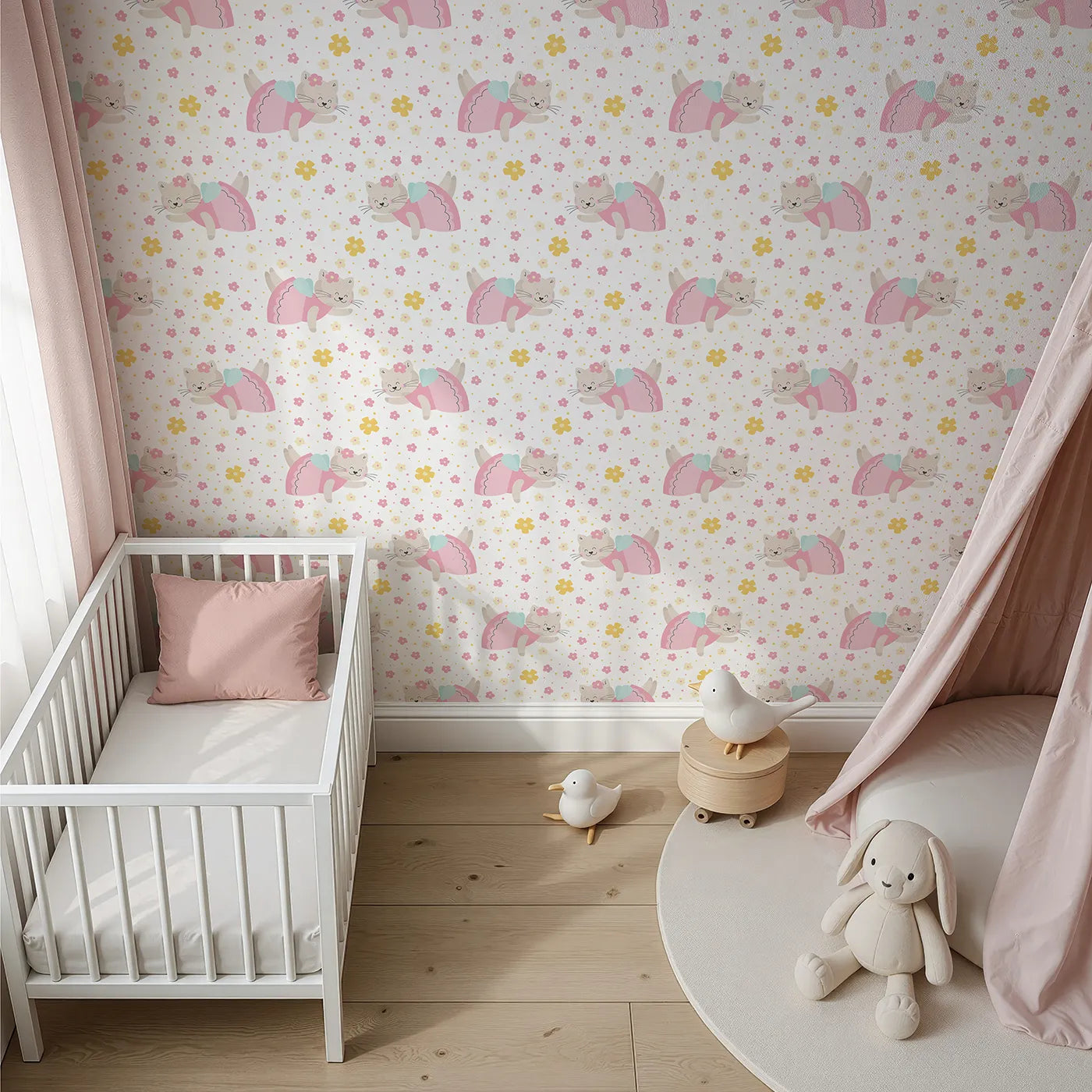 Top-Down view of Whimsy Tots' Ballerina Cat Garden Wallpaper in White (W2333).Where a sweet ballerina cat floats through a field of flowers.