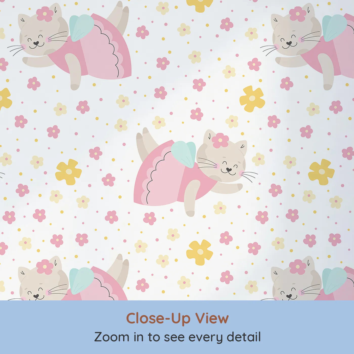 Close-up view of Whimsy Tots' Ballerina Cat Garden Wallpaper in White (W2333).Where a sweet ballerina cat floats through a field of flowers.