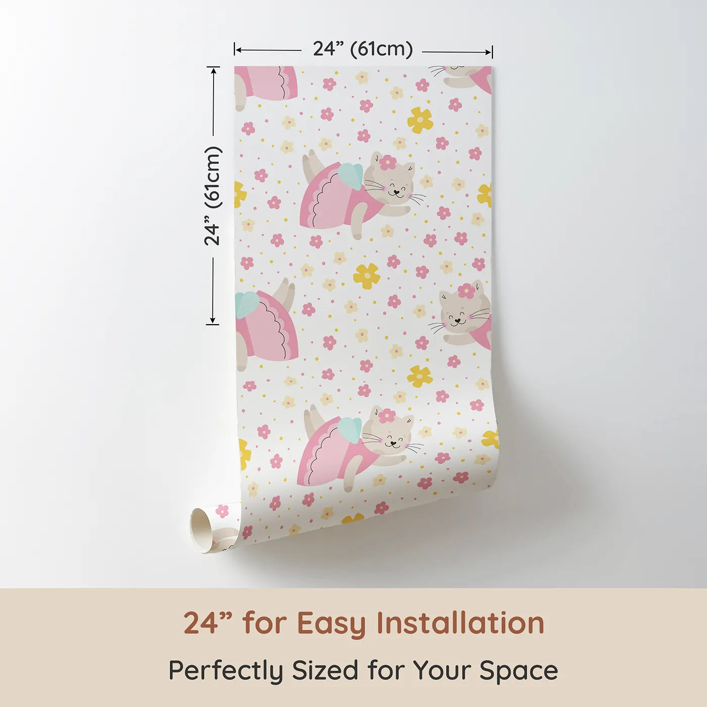 Dimension view of Whimsy Tots Ballerina Cat Garden Wallpaper in White (W2333). Printed in 24-inch-wide panel for easy installation. Where a sweet ballerina cat floats through a field of flowers.