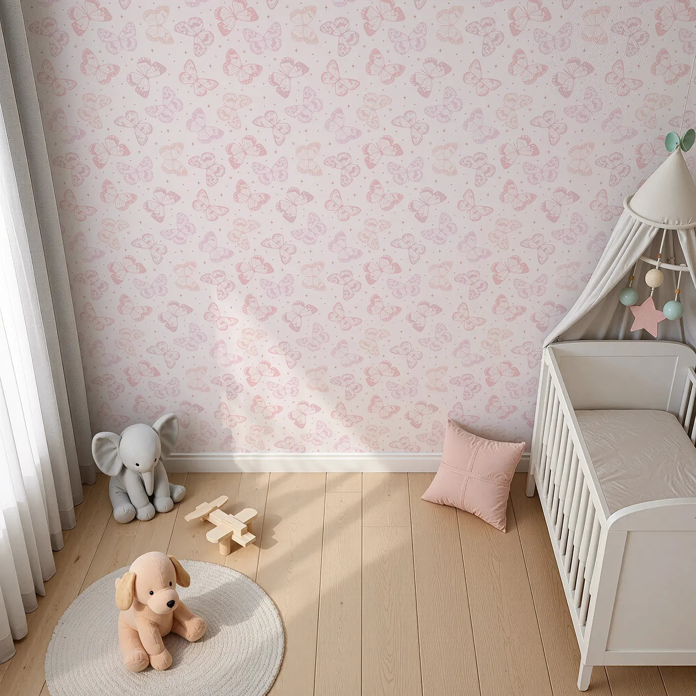 Top-Down view of Whimsy Tots' Pastel Butterfly Sky Wallpaper (W2334).Where a kaleidoscope of soft butterflies flutters and flies.