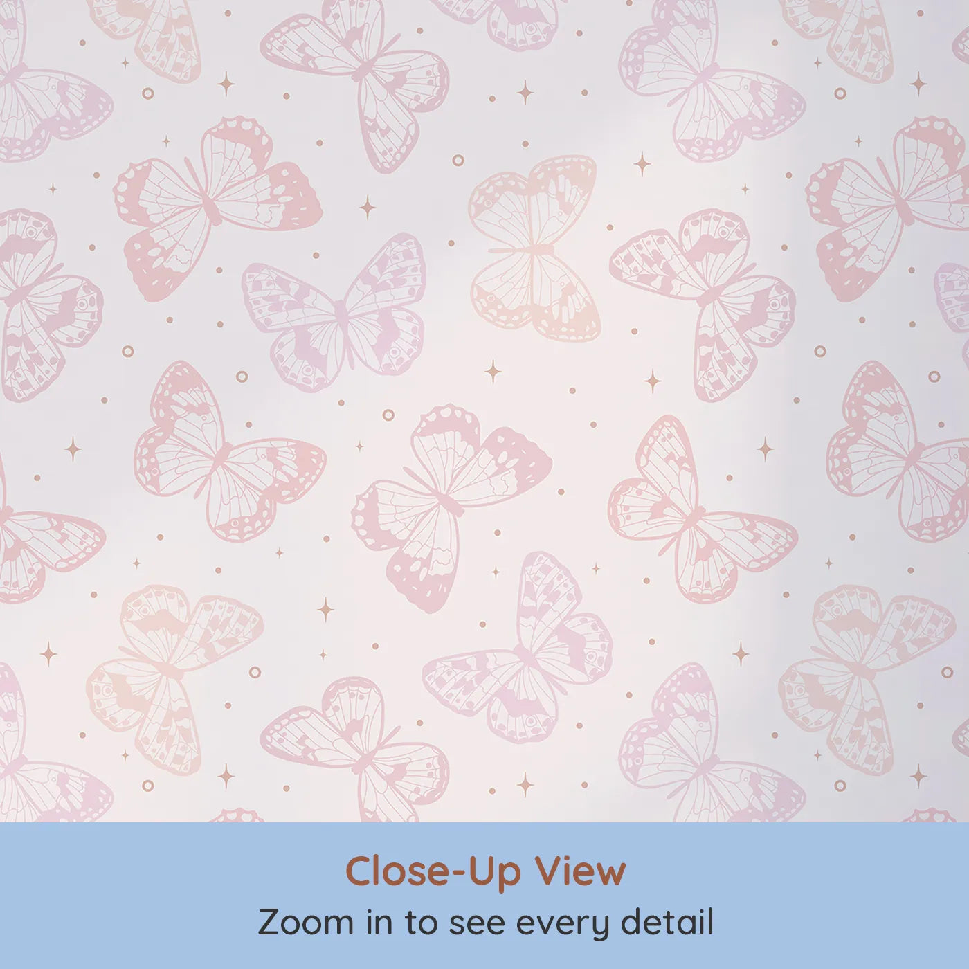 Close-up view of Whimsy Tots' Pastel Butterfly Sky Wallpaper (W2334).Where a kaleidoscope of soft butterflies flutters and flies.