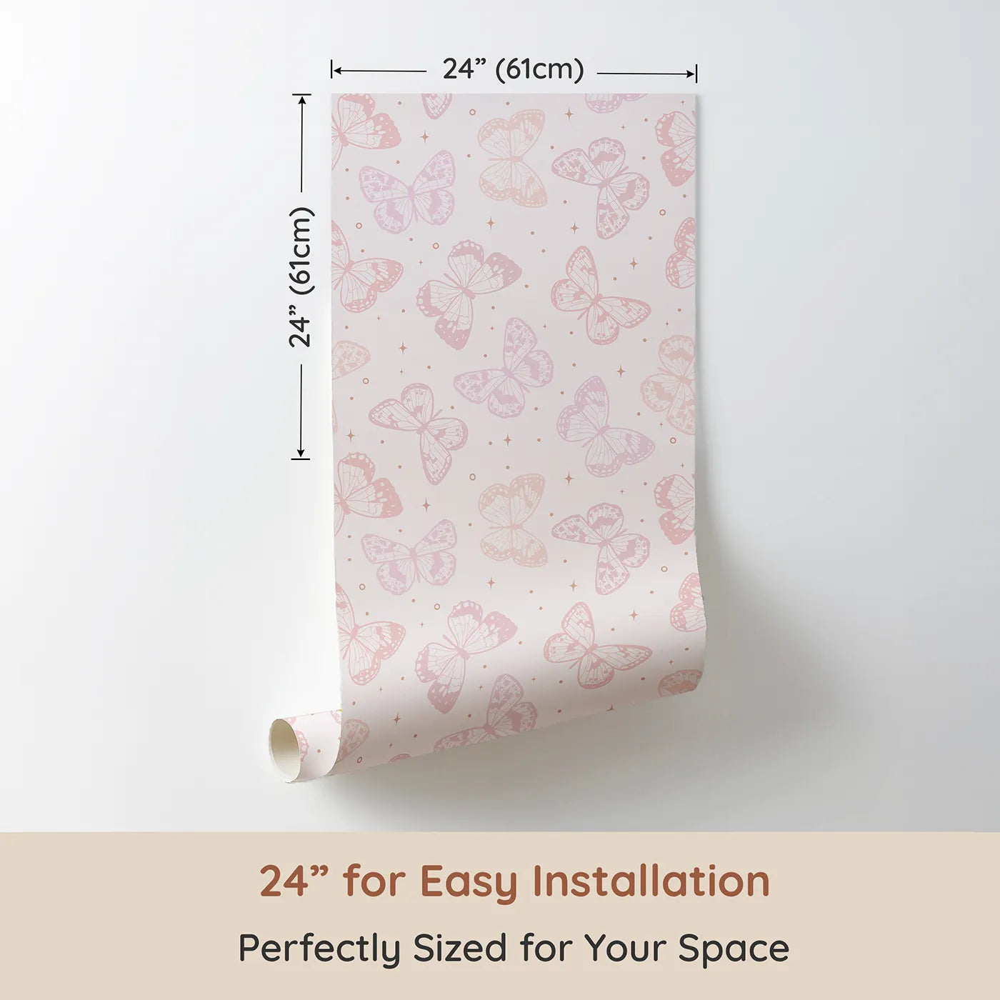 Dimension view of Whimsy Tots Pastel Butterfly Sky Wallpaper (W2334). Printed in 24-inch-wide panel for easy installation. Where a kaleidoscope of soft butterflies flutters and flies.