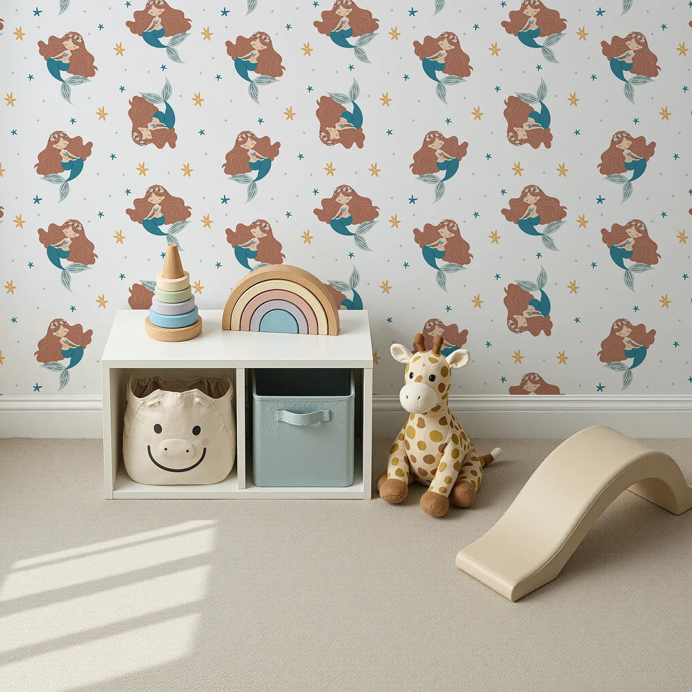 Top-Down view of Whimsy Tots' Boho Mermaid Dreams Wallpaper (W2337).Where a sleepy mermaid dreams among the starfish.