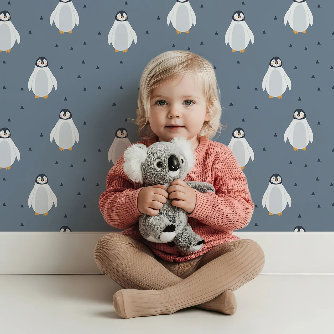 Lovely child standing in front of Whimsy Tots Penguin Pals Parade Wallpaper with penguin, modern, geometric, blue, arctic in design.