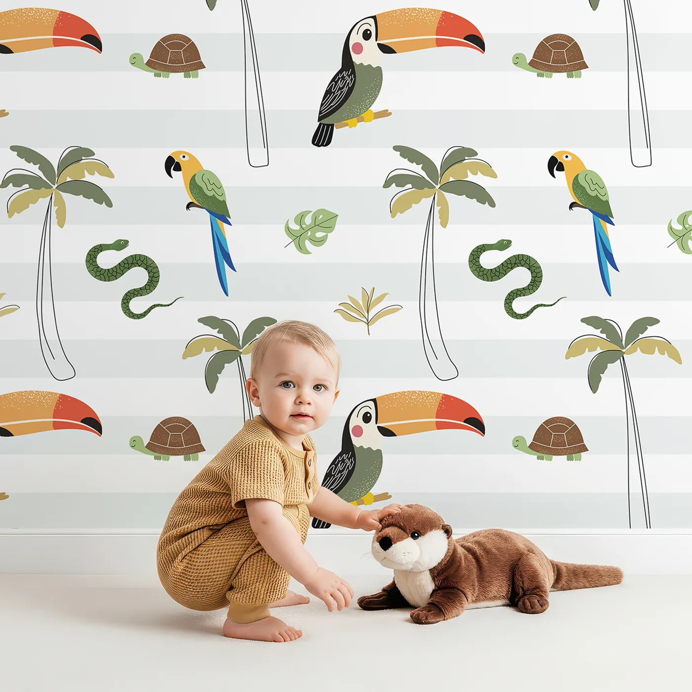 Lovely child standing in front of Whimsy Tots Striped Jungle Reptiles Wallpaper with parrot, snake, turtle, palm tree, tropical in design.