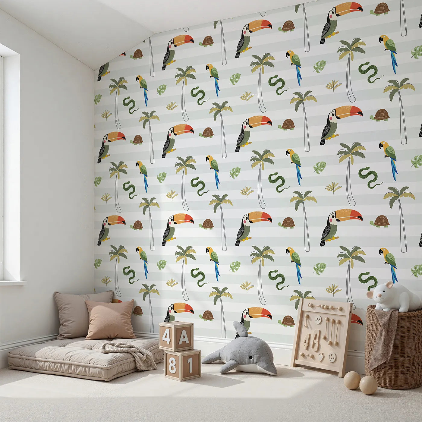 Angled view of Whimsy Tots' Striped Jungle Reptiles Wallpaper (W2341).Where cool jungle creatures hang out among the palm trees.