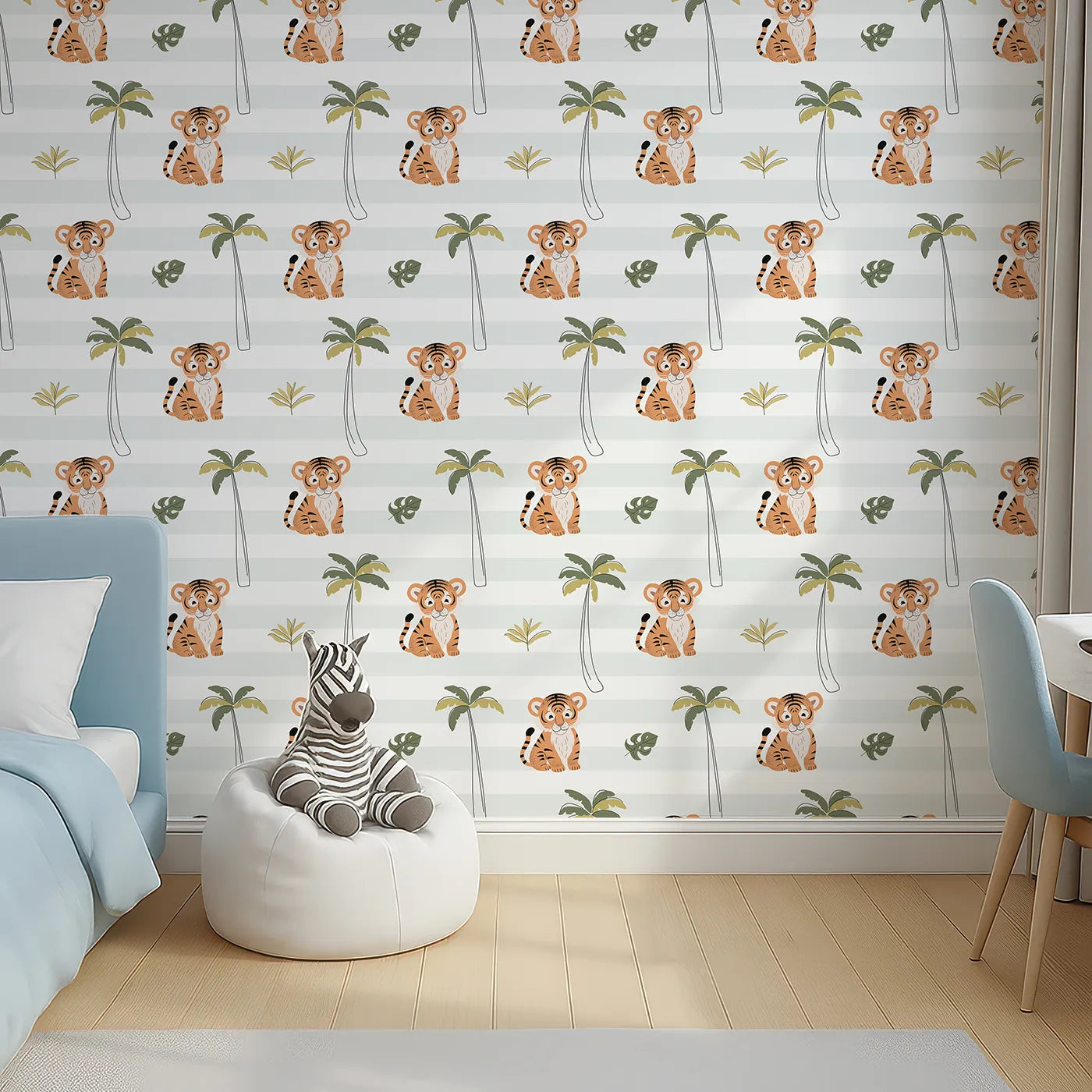 Top-Down view of Whimsy Tots' Striped Tiger Jungle Wallpaper (W2344).Where a gentle tiger cub is waiting to play.