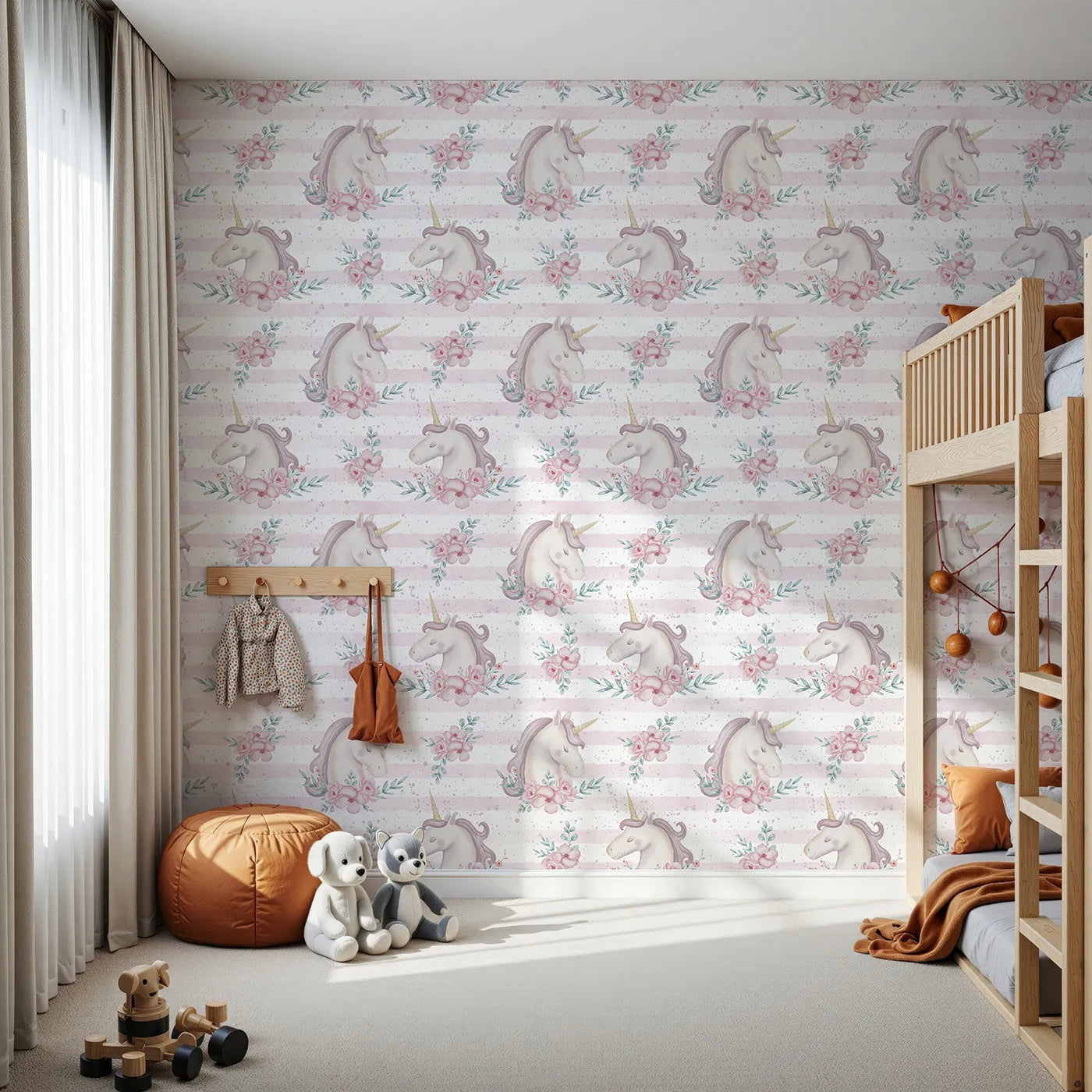 Front view of Whimsy Tots' Watercolor Unicorn Blooms Wallpaper