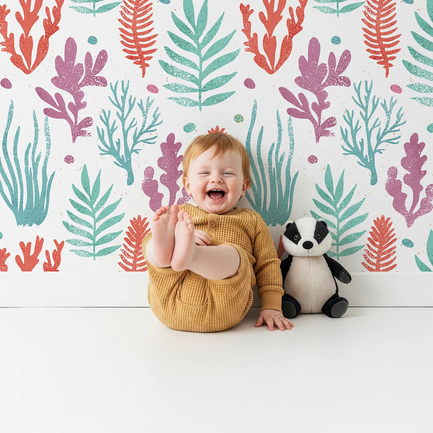 Lovely child standing in front of Whimsy Tots Textured Seaweed Garden Wallpaper with seaweed, coral, ocean, sea, texture in design.