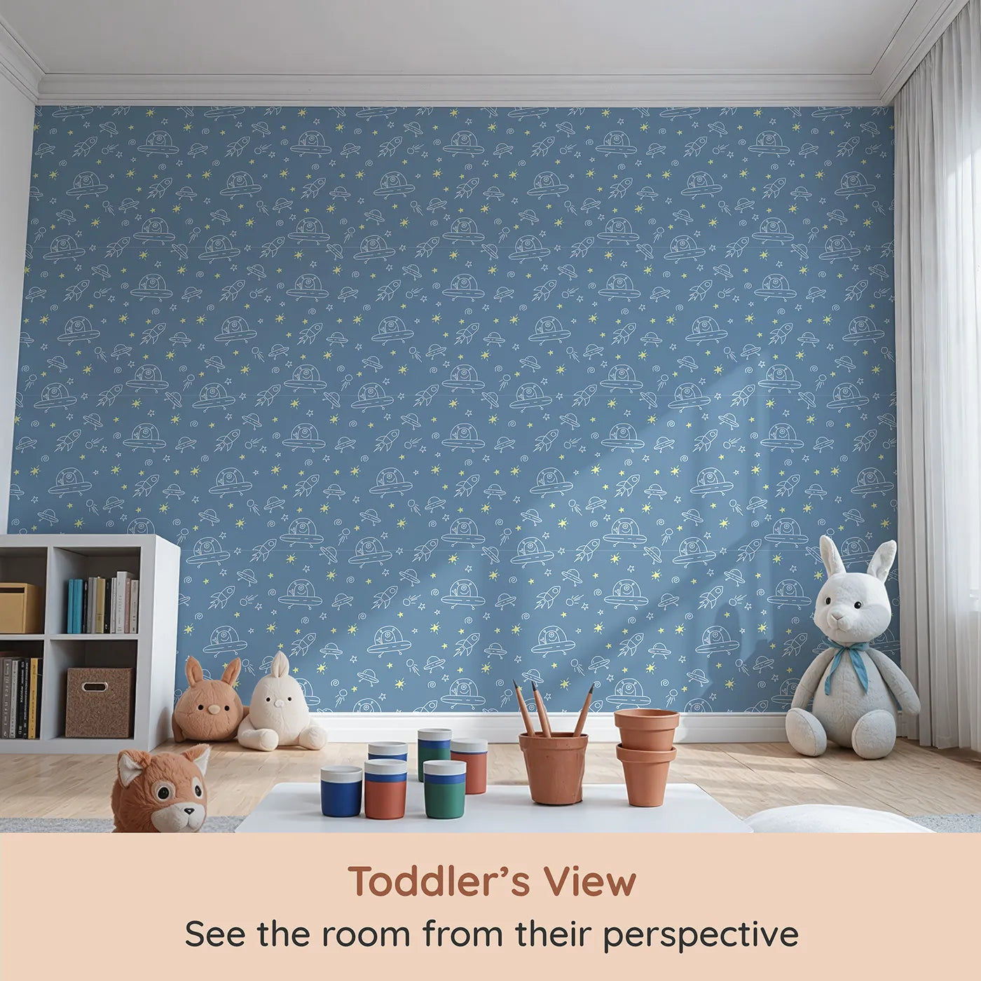 Whimsy Tots Alien Doodle Space Wallpaper (W2353) from your child's view.Where friendly aliens and their UFOs are ready to play.