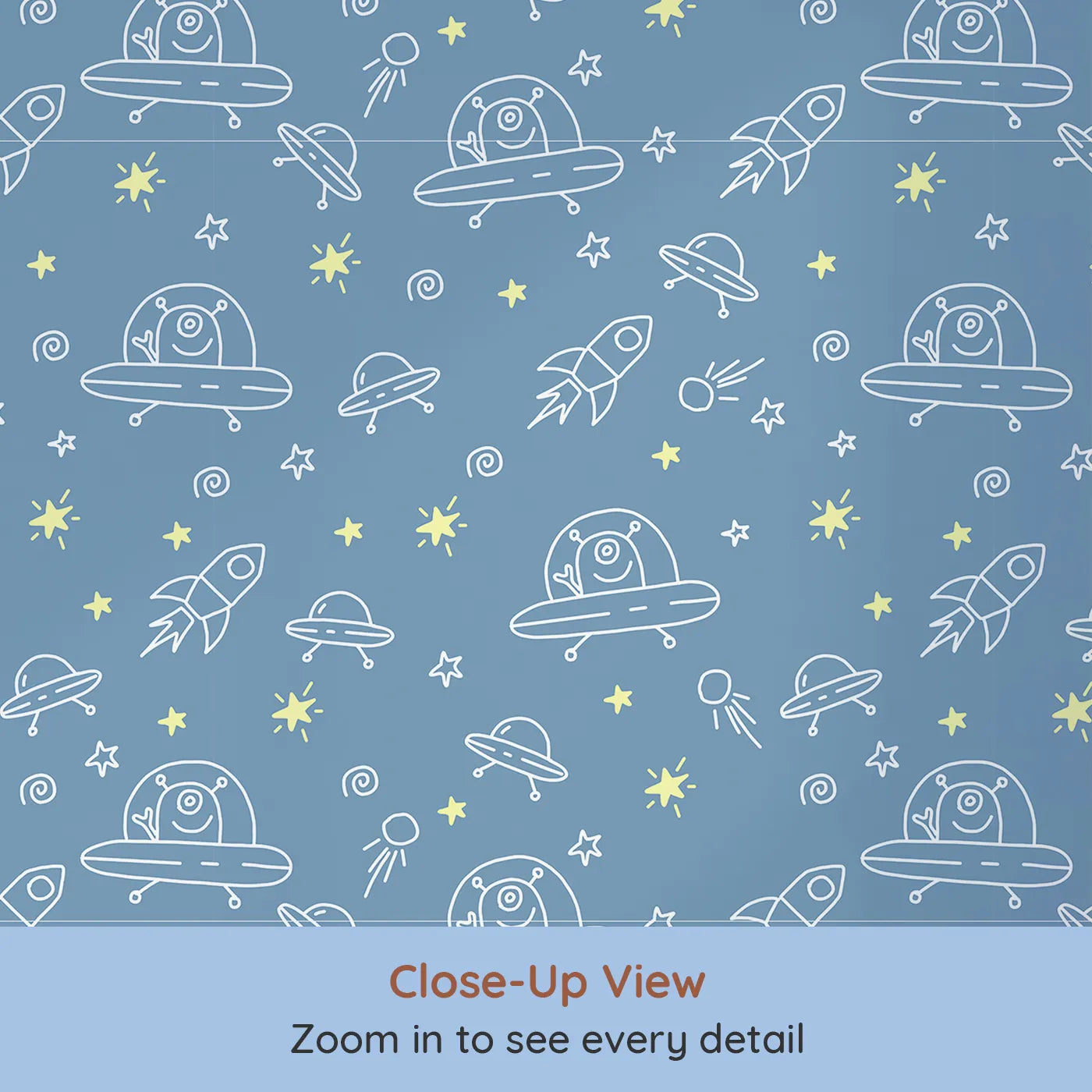 Close-up view of Whimsy Tots' Alien Doodle Space Wallpaper (W2353).Where friendly aliens and their UFOs are ready to play.