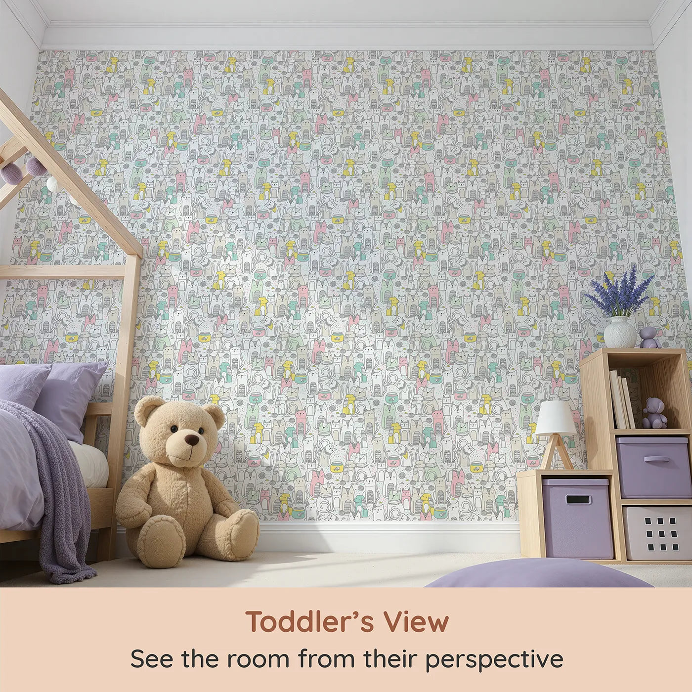 Whimsy Tots Pastel Cat Party Wallpaper (W2354) from your child's view.Where a whole crowd of cool, colorful cats is ready to hang out.