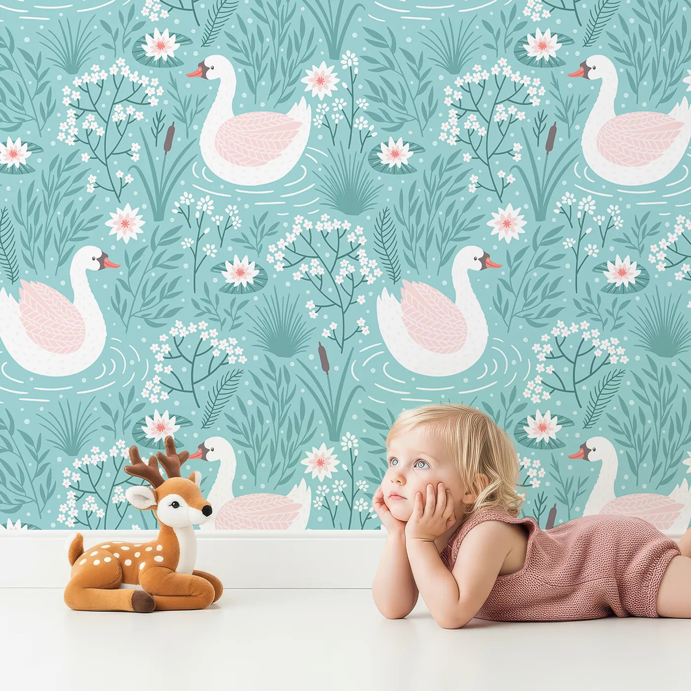 Front view of Whimsy Tots' Elegant Swan Lake Wallpaper