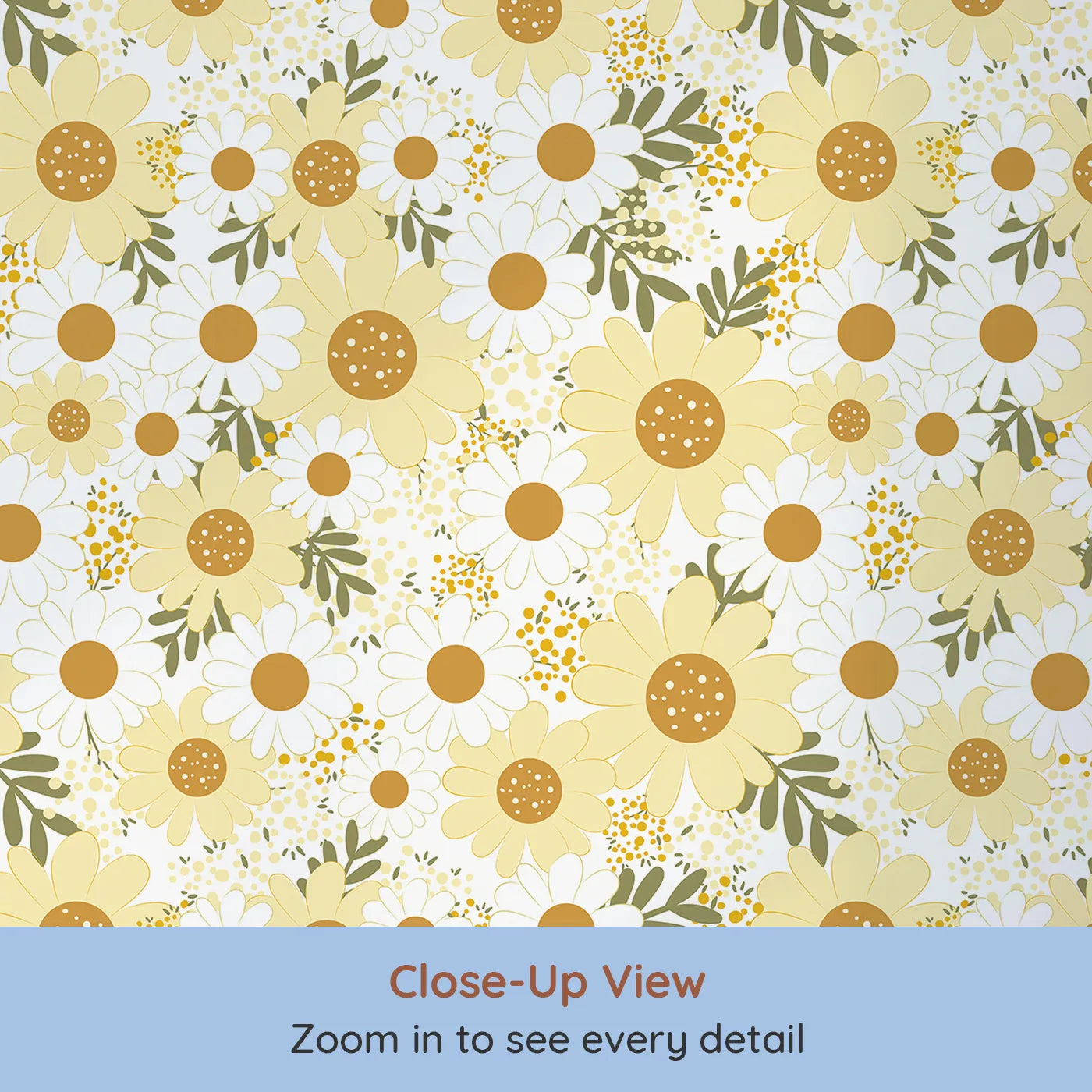 Close-up view of Whimsy Tots' Golden Daisy Parade Wallpaper (W3001).Sunshine-kissed daisies bring cheer and calm to every corner.