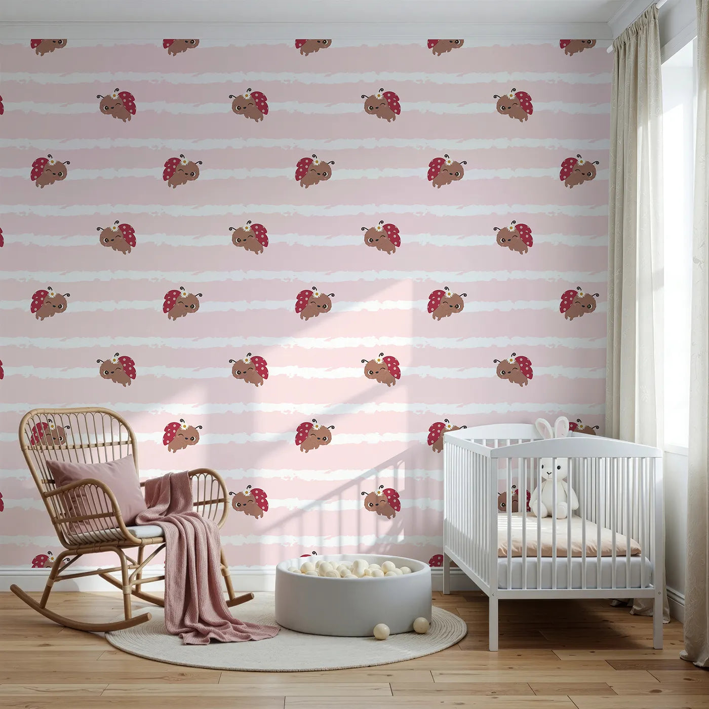 Front view of Whimsy Tots' Winkie the Ladybug Wallpaper in Pink